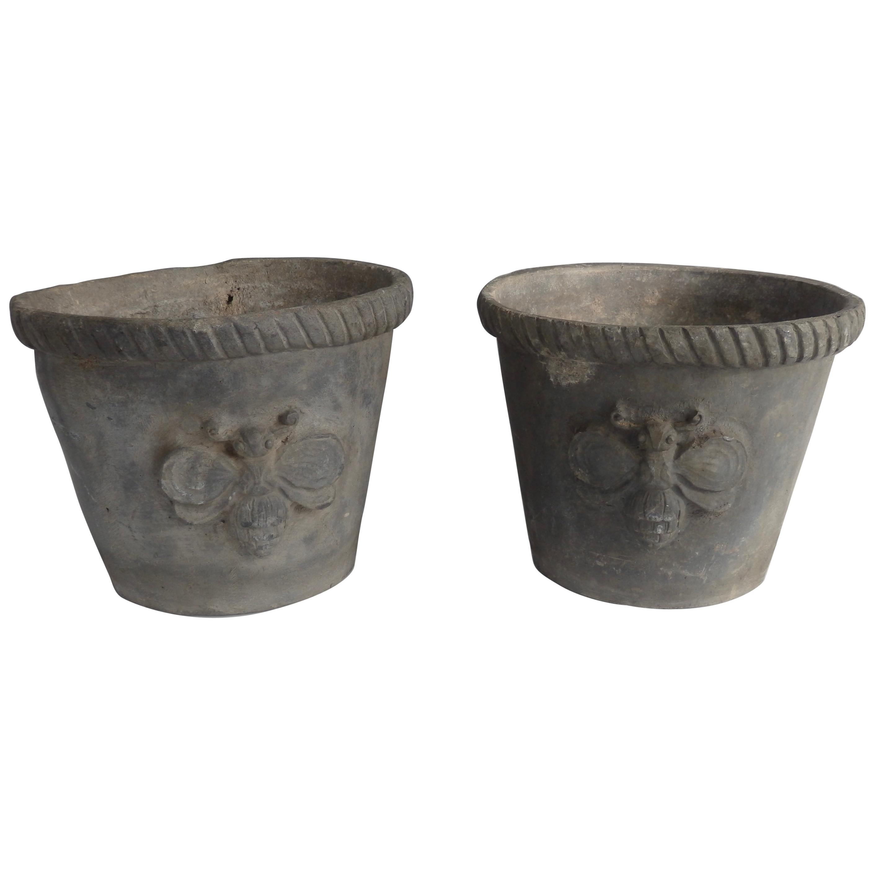 Pair of Antique French Lead Planter Pots with Bumblebee Design