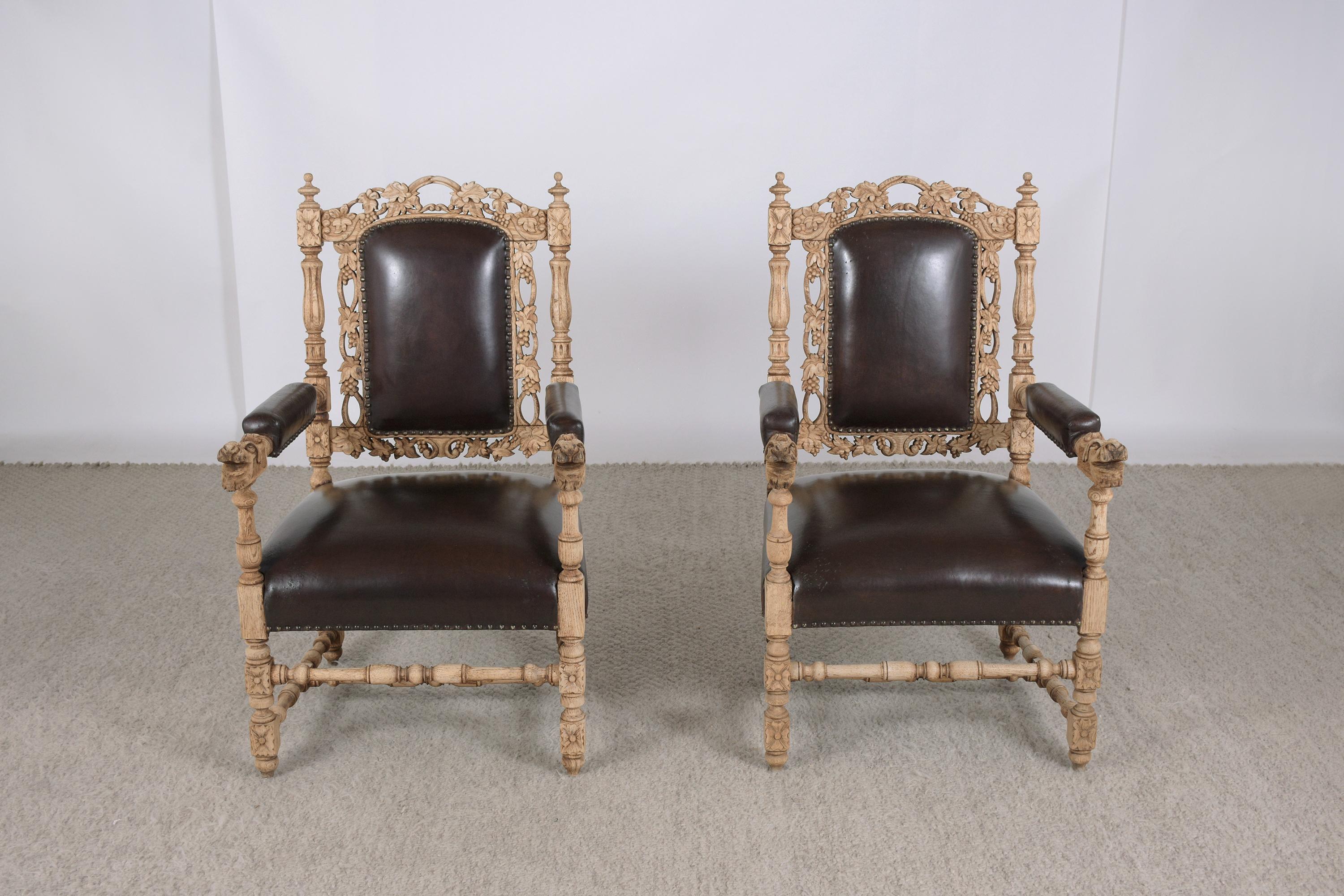 Renaissance 19th Century French Leather Armchairs