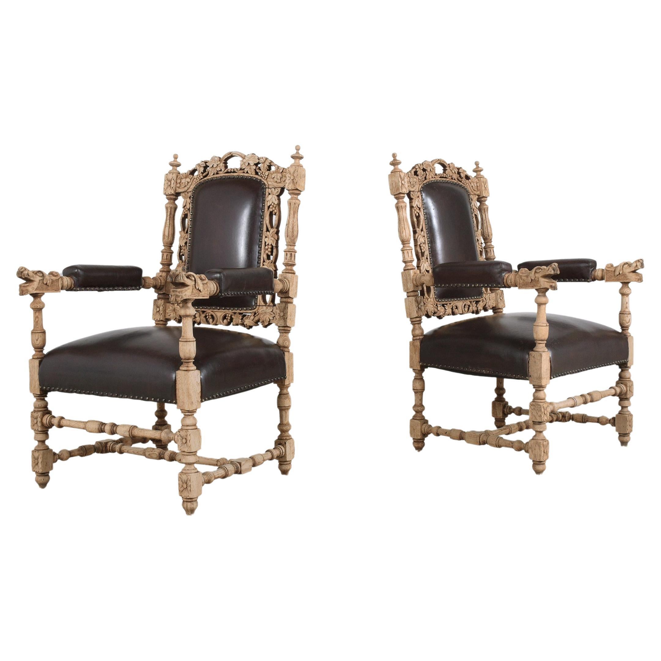 Pair of Antique French Carved Leather Armchairs