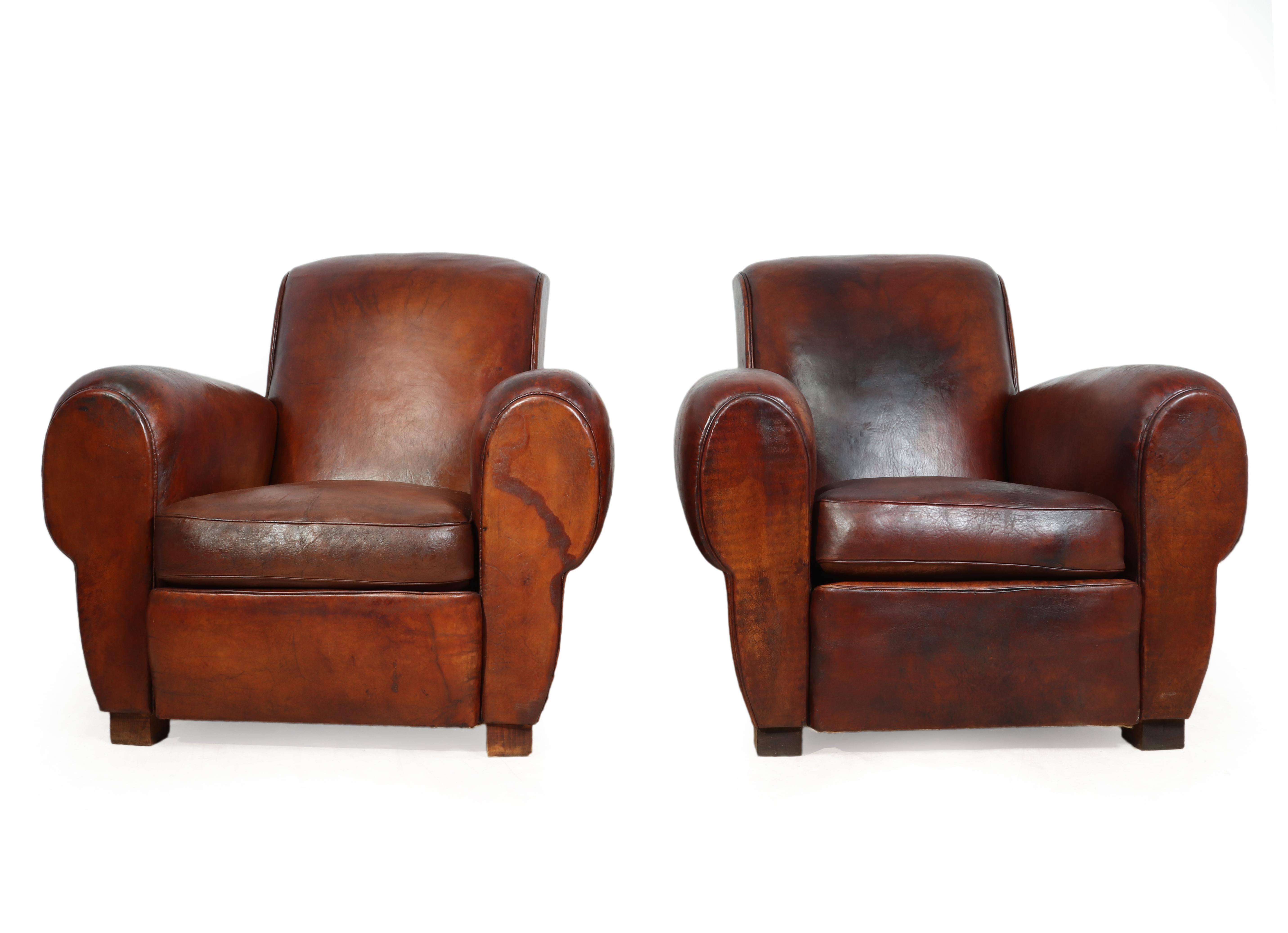 Pair of antique French leather club chairs
This pair of leather club chairs were produced in France in the early 1940s, the leather has been conditioned, polished and is soft and strong, they have fully sprung seat back and arms with a solid wooden