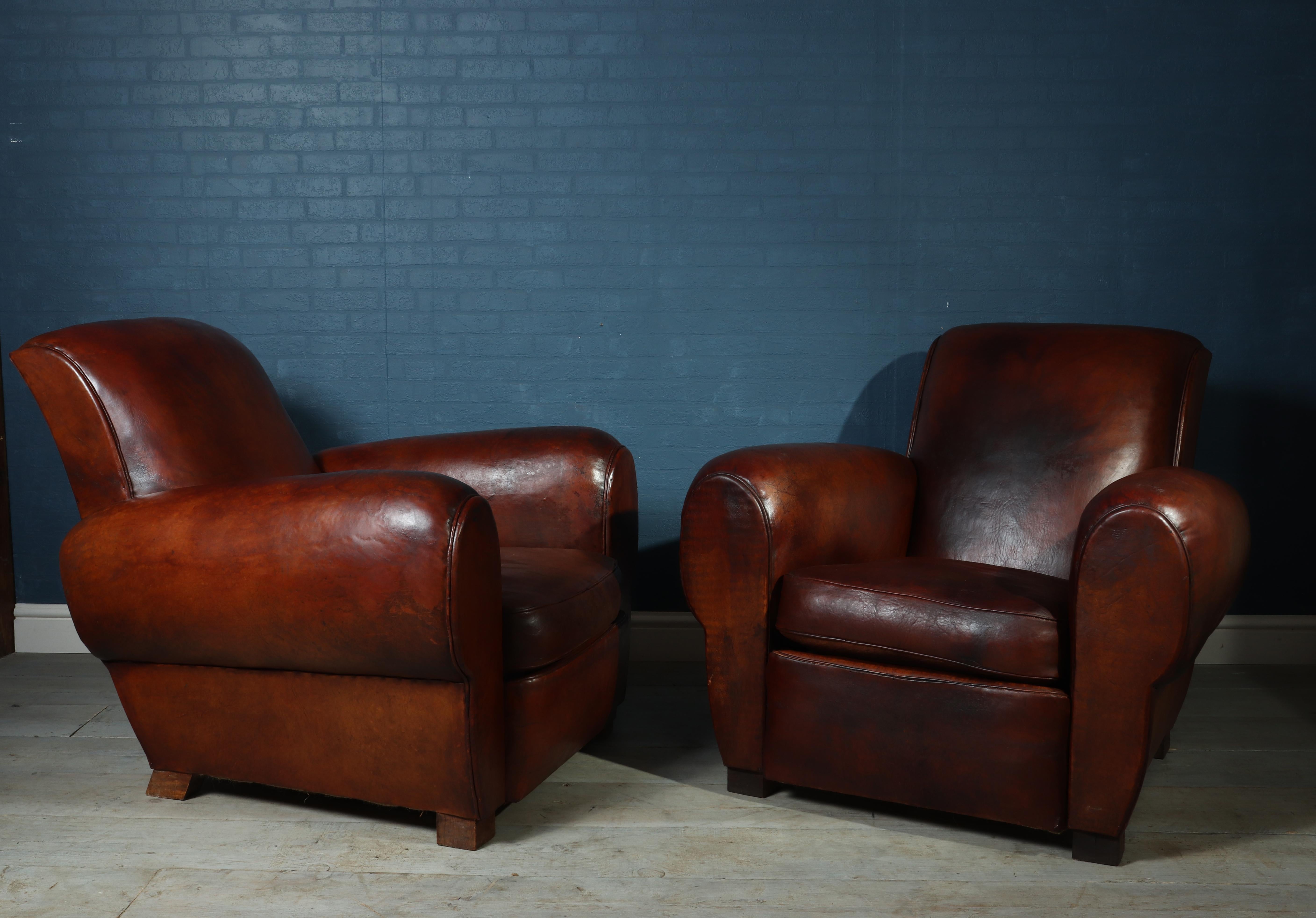 Mid-20th Century Pair of Antique French Leather Club Chairs