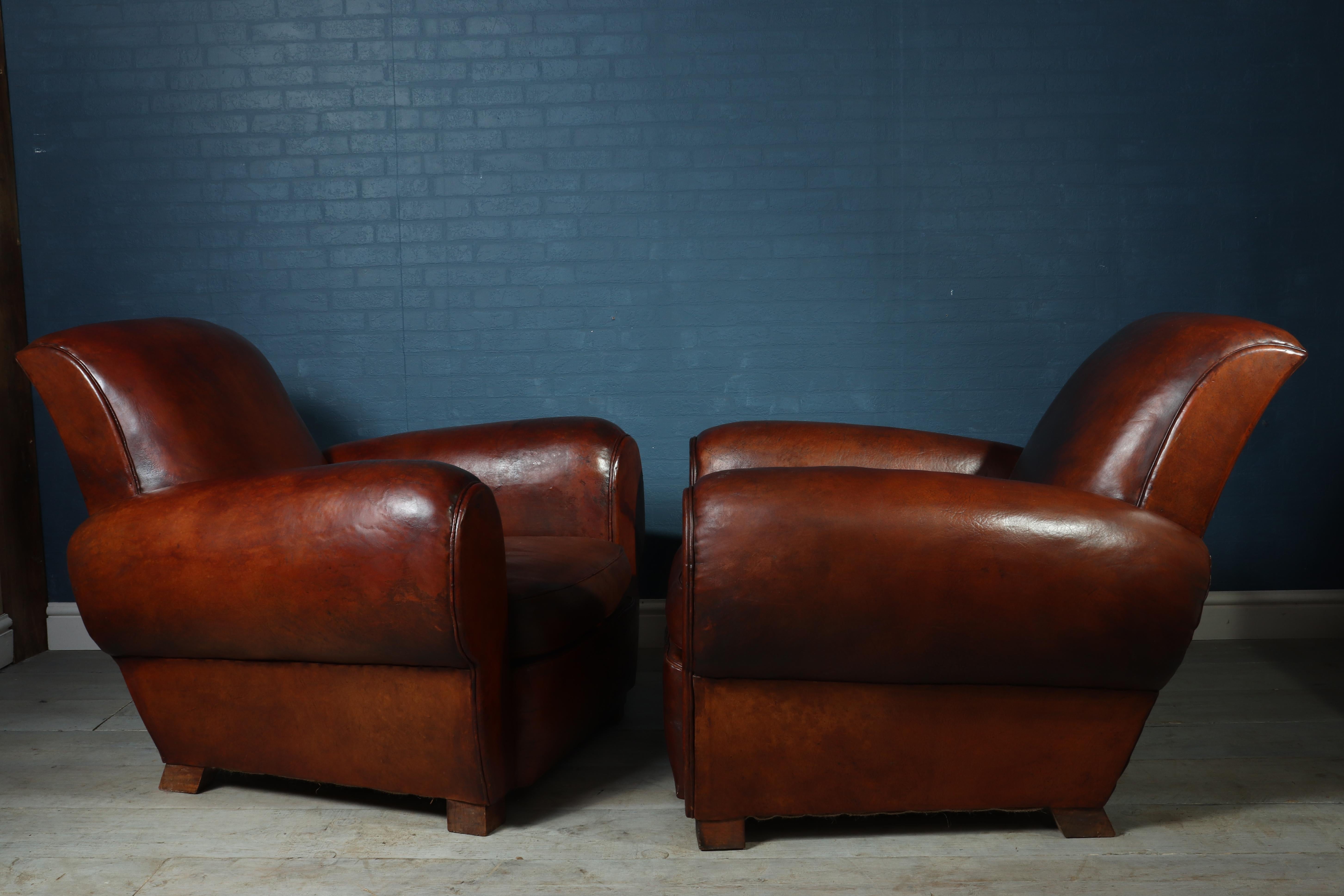 Pair of Antique French Leather Club Chairs 1