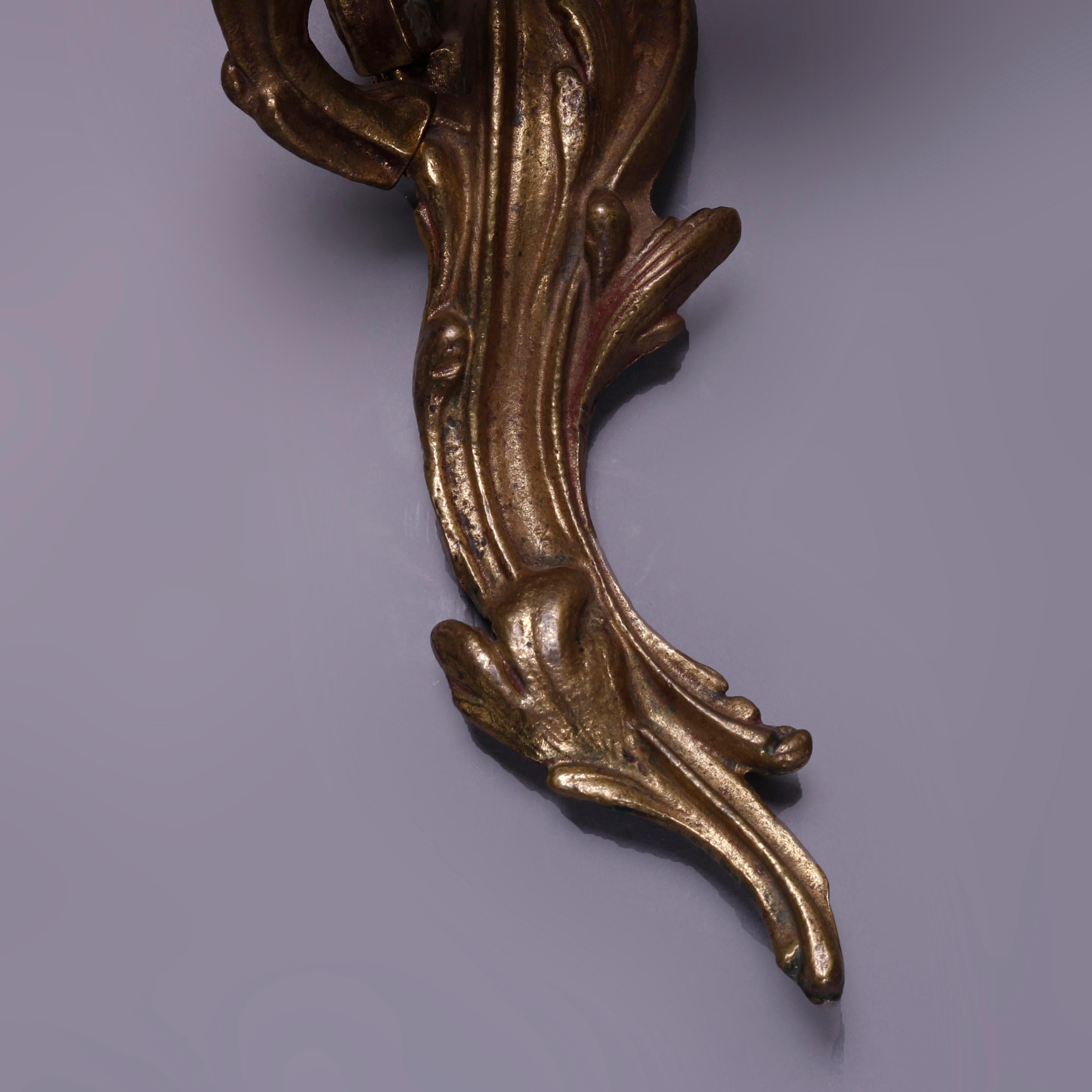 Metal Pair of Antique French Louis XIV Filiate Form Gilt 3-Arm Sconces, circa 1880