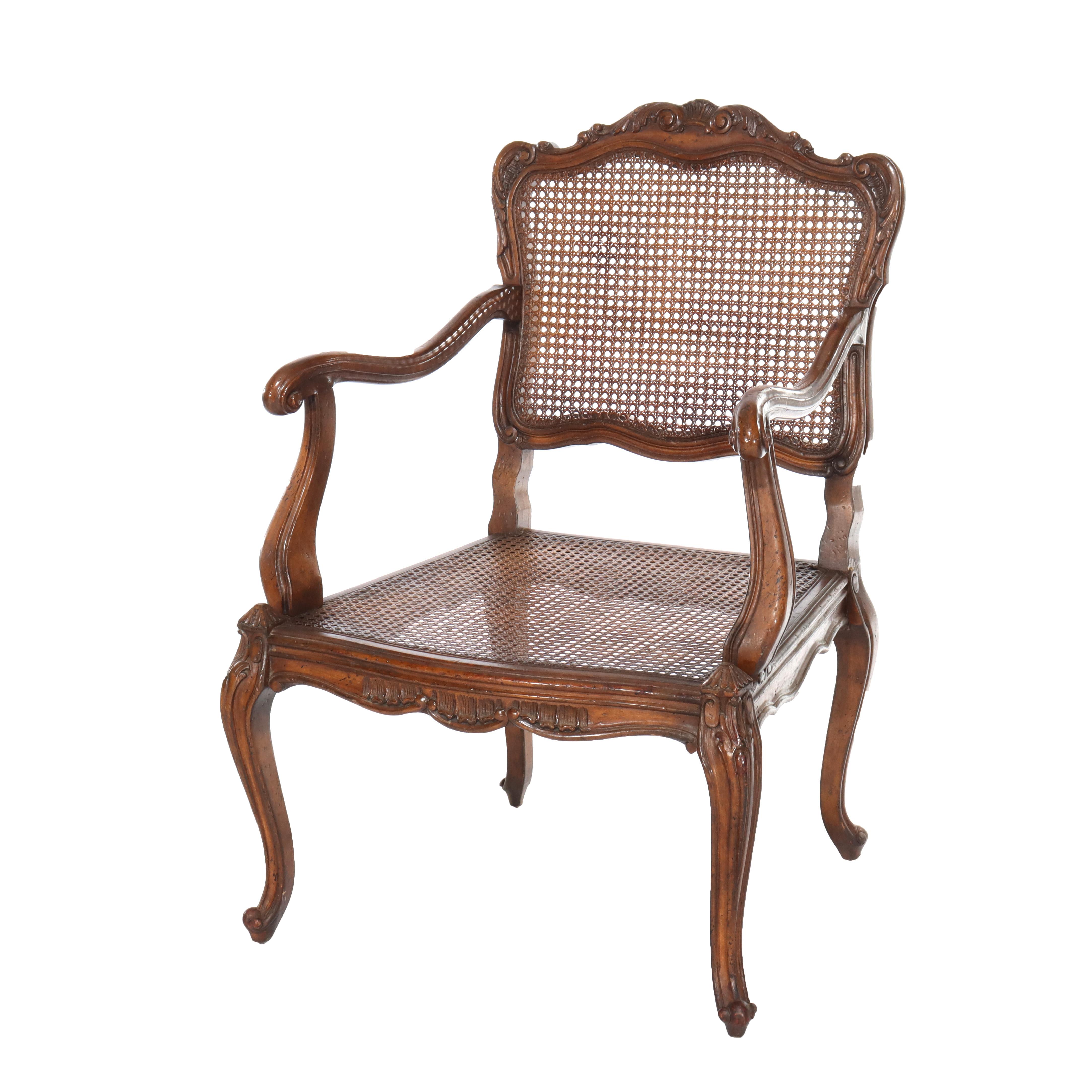 Luigi XIV Pair of Antique French Louis XIV Walnut & Pressed Cane Armchairs 20thC in vendita