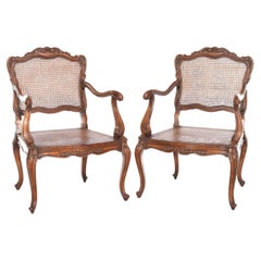 Pair of Antique French Louis XIV Walnut & Pressed Cane Armchairs 20thC