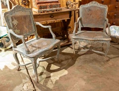 Pair of Antique French Louis XV Armchairs, Carved Wood & Cane, 1970