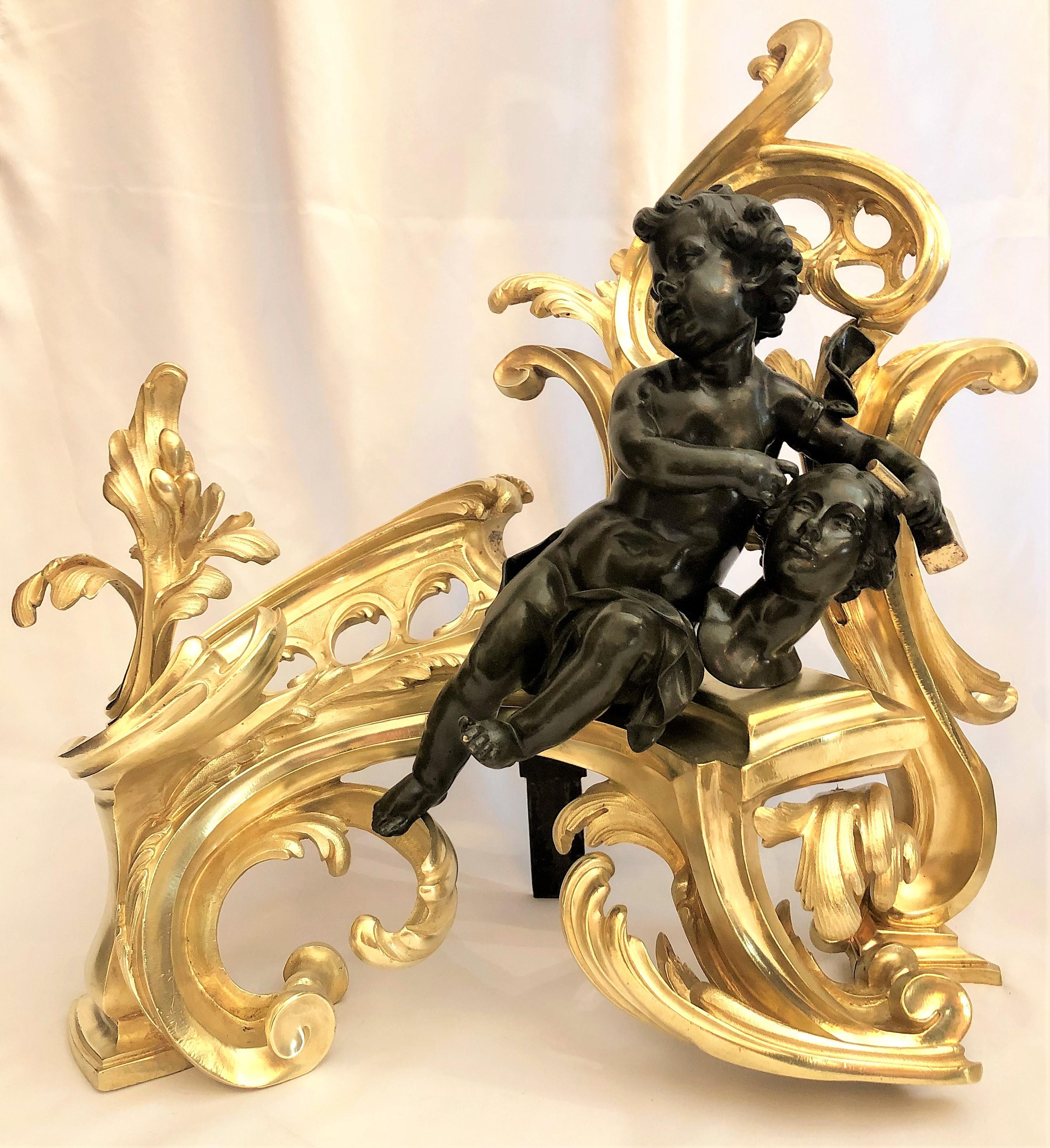 Pair of antique French Louis XV bronze chenets.