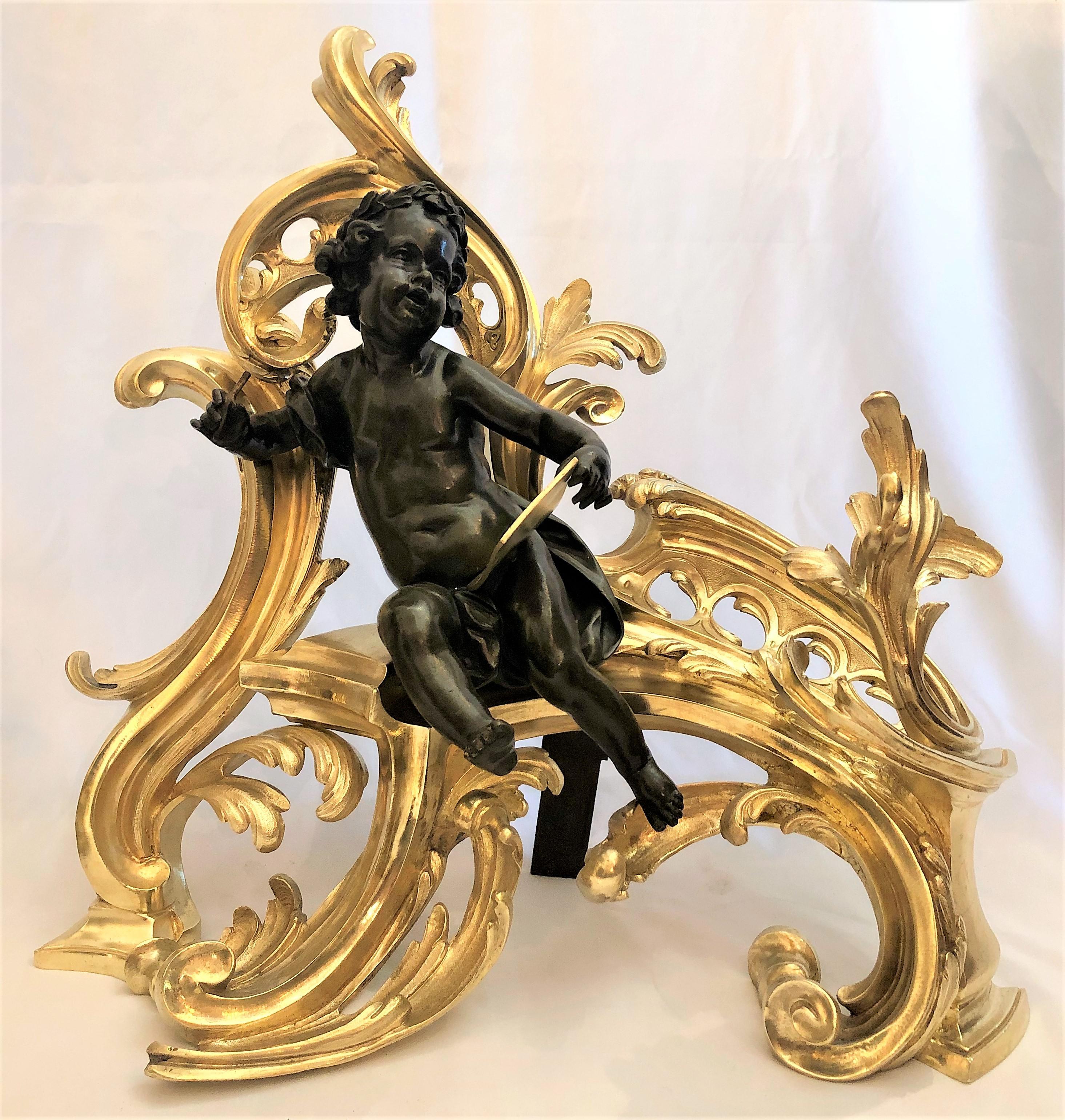 Pair of Antique French Louis XV Bronze Chenets In Good Condition For Sale In New Orleans, LA