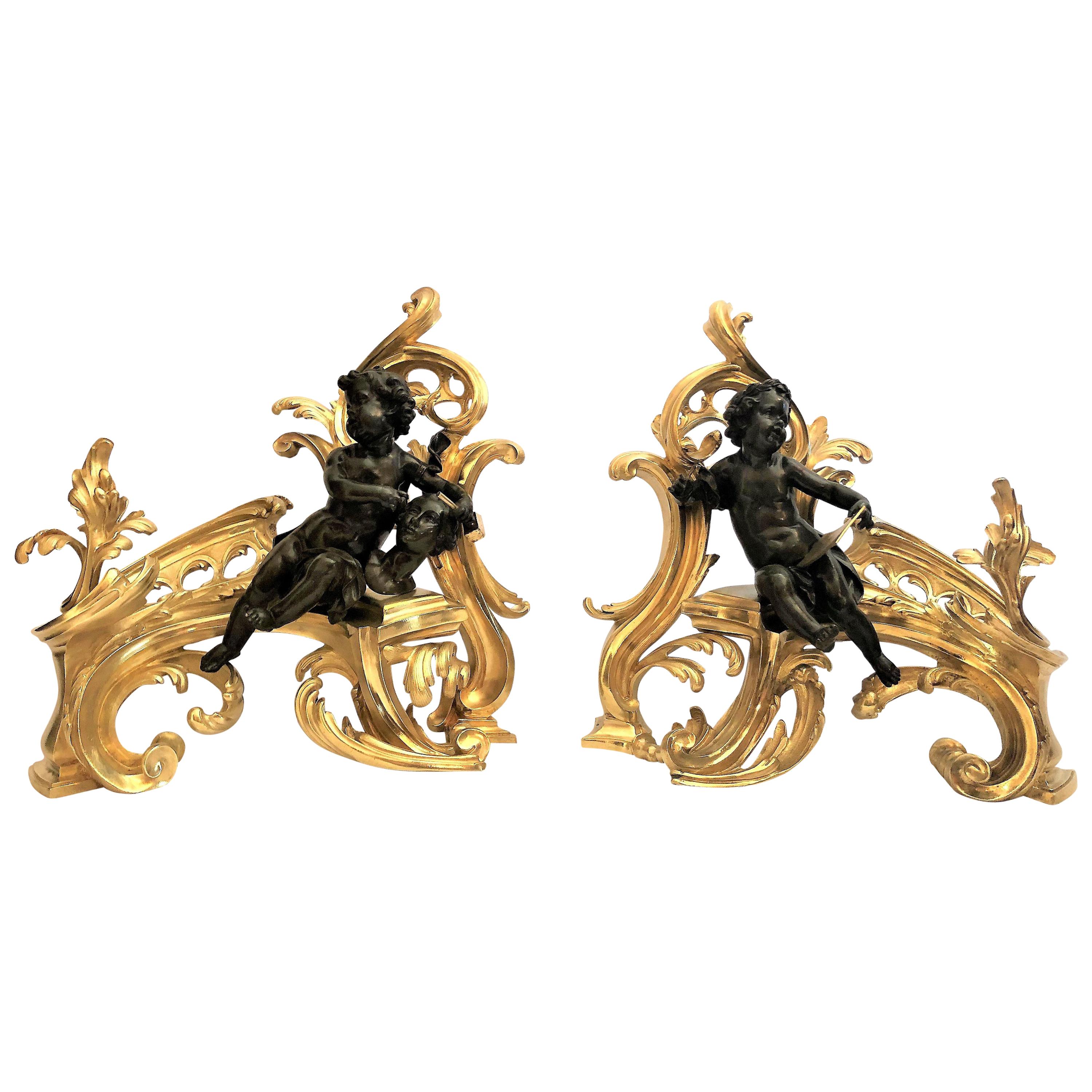 Pair of Antique French Louis XV Bronze Chenets