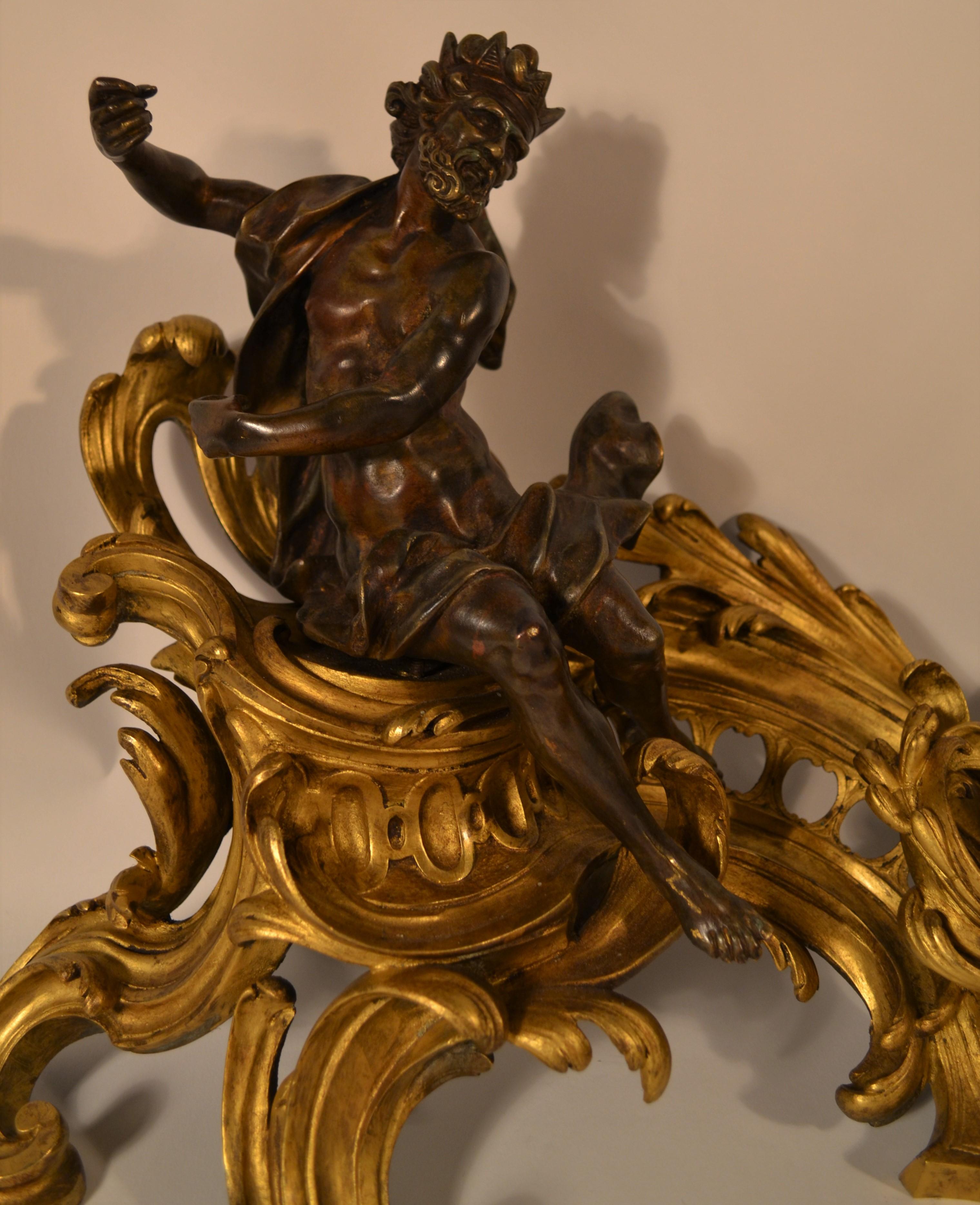 Pair of Antique French Louis XV Bronze Chenets with Patinated Figures In Good Condition For Sale In New Orleans, LA