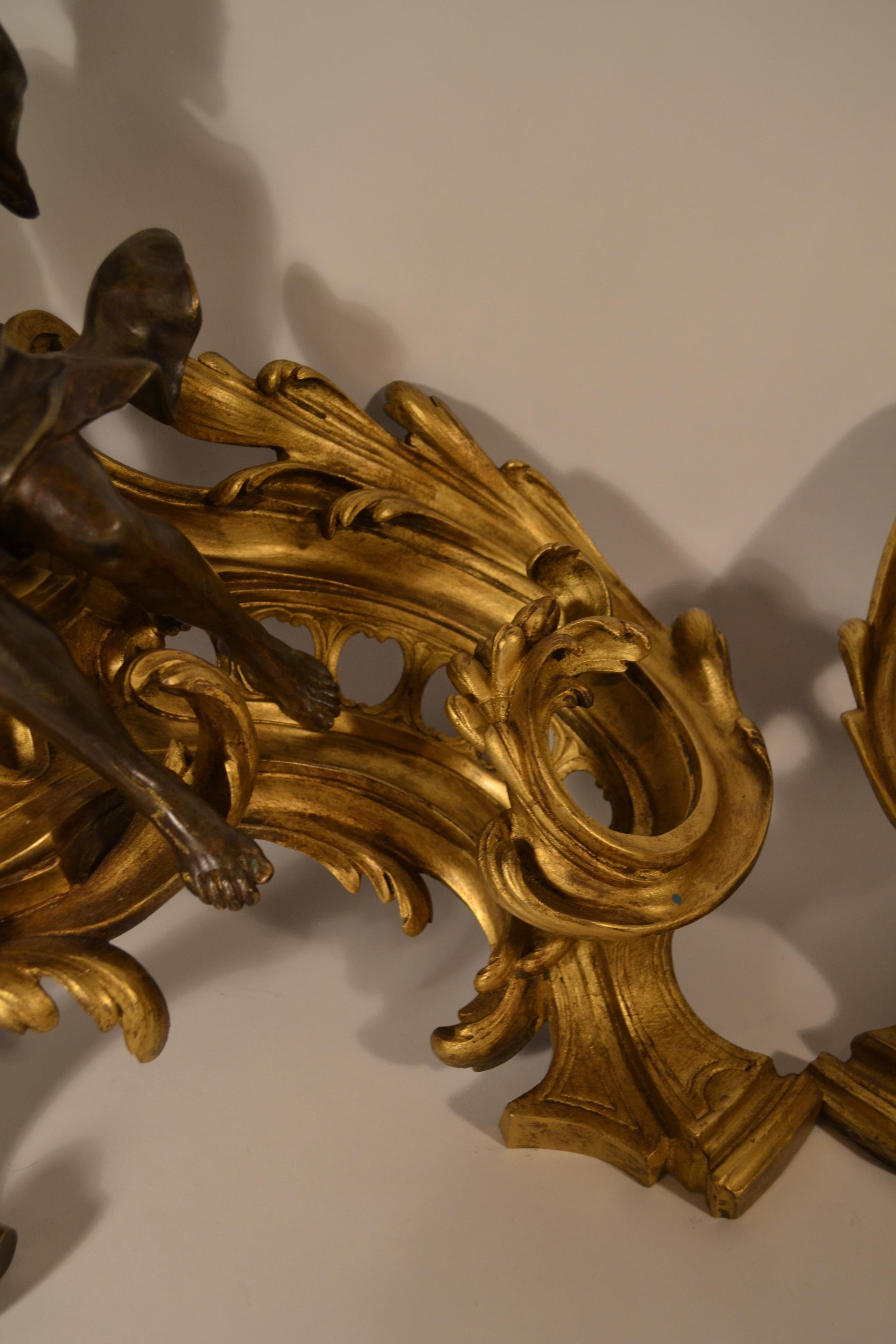 19th Century Pair of Antique French Louis XV Bronze Chenets with Patinated Figures For Sale