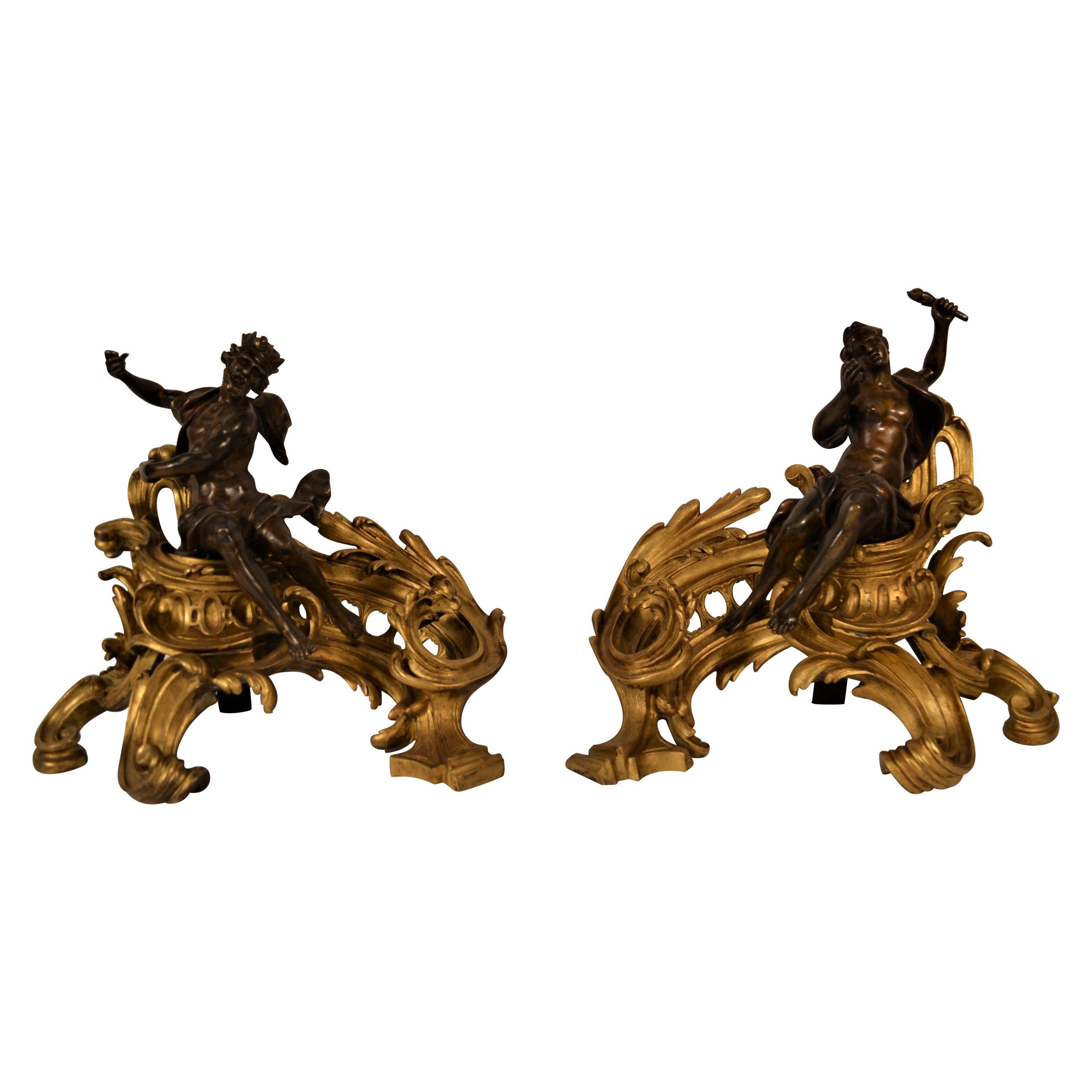 Pair of Antique French Louis XV Bronze Chenets with Patinated Figures For Sale