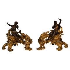 Pair of Antique French Louis XV Bronze Chenets with Patinated Figures