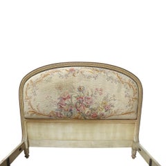 Pair Of Antique French Louis XV Carved Wood & Floral Tapestry Twin Beds c1910