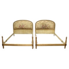 Pair Of Antique French Louis XV Carved Wood & Floral Tapestry Twin Beds c1910