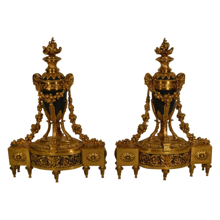 Paire de chenets ancienne en bronze, années 1970 - Chenêts
