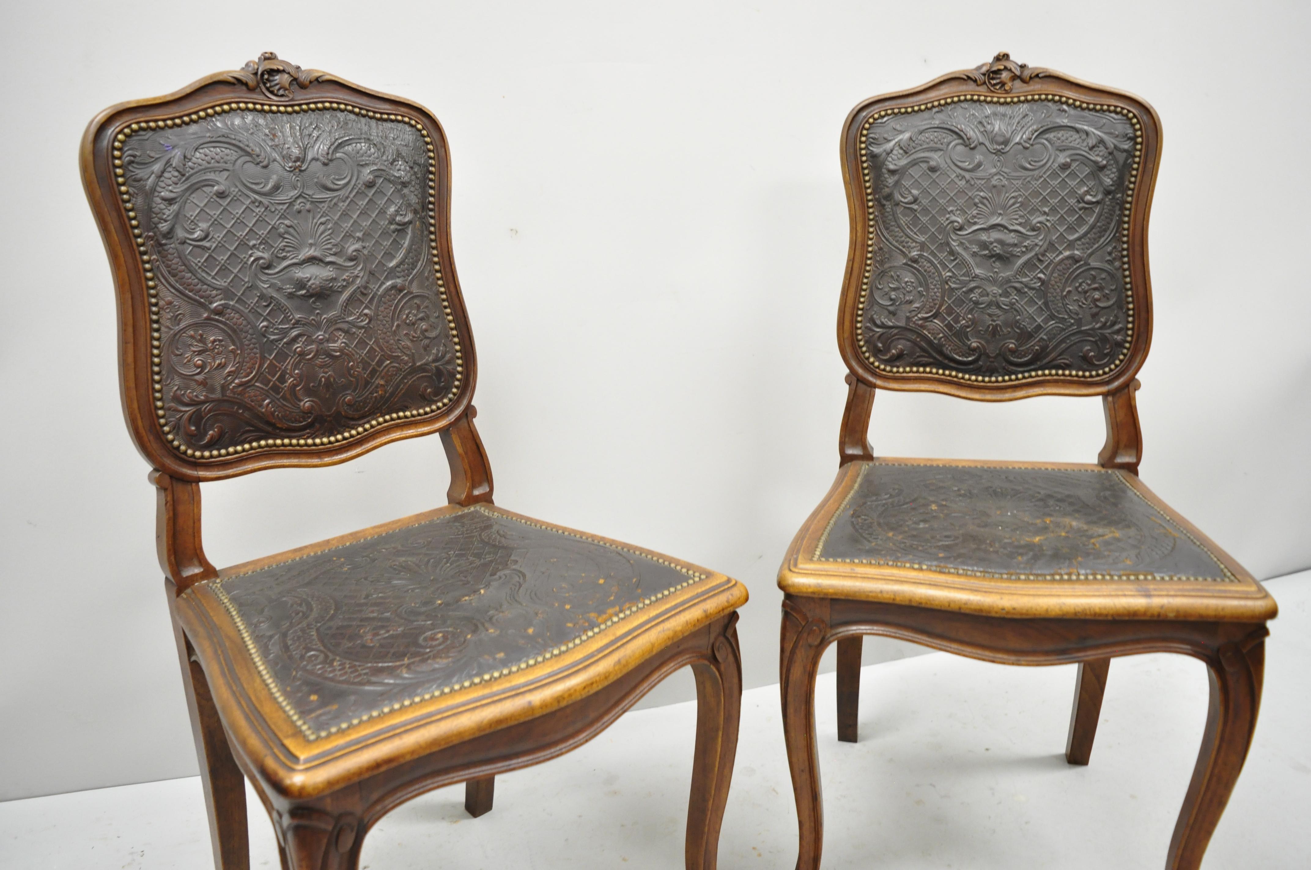 Pair of Antique French Louis XV Fancy Brown Embossed Leather Walnut Side Chair 6