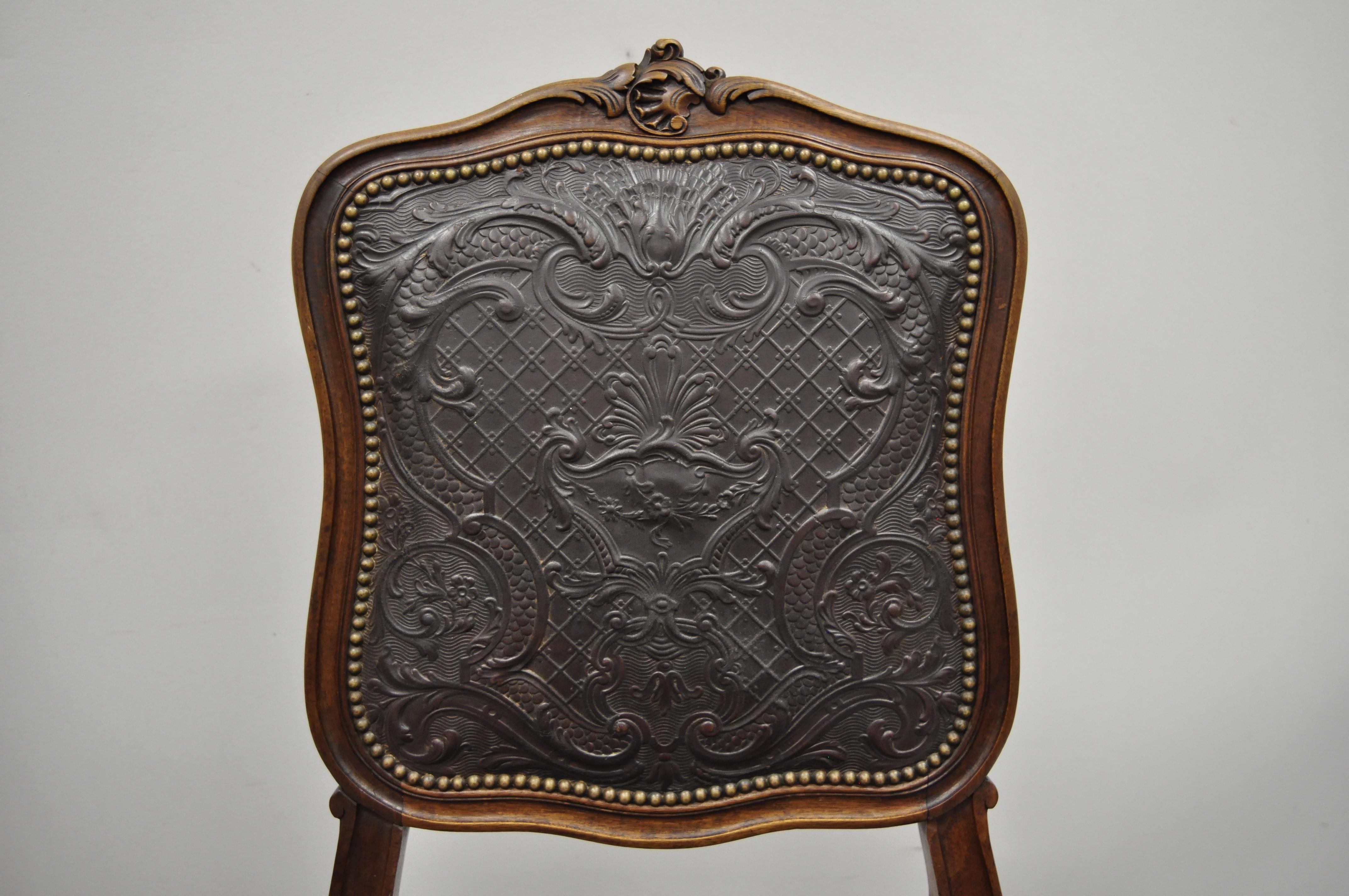 Pair of Antique French Louis XV Fancy Brown Embossed Leather Walnut Side Chair 8