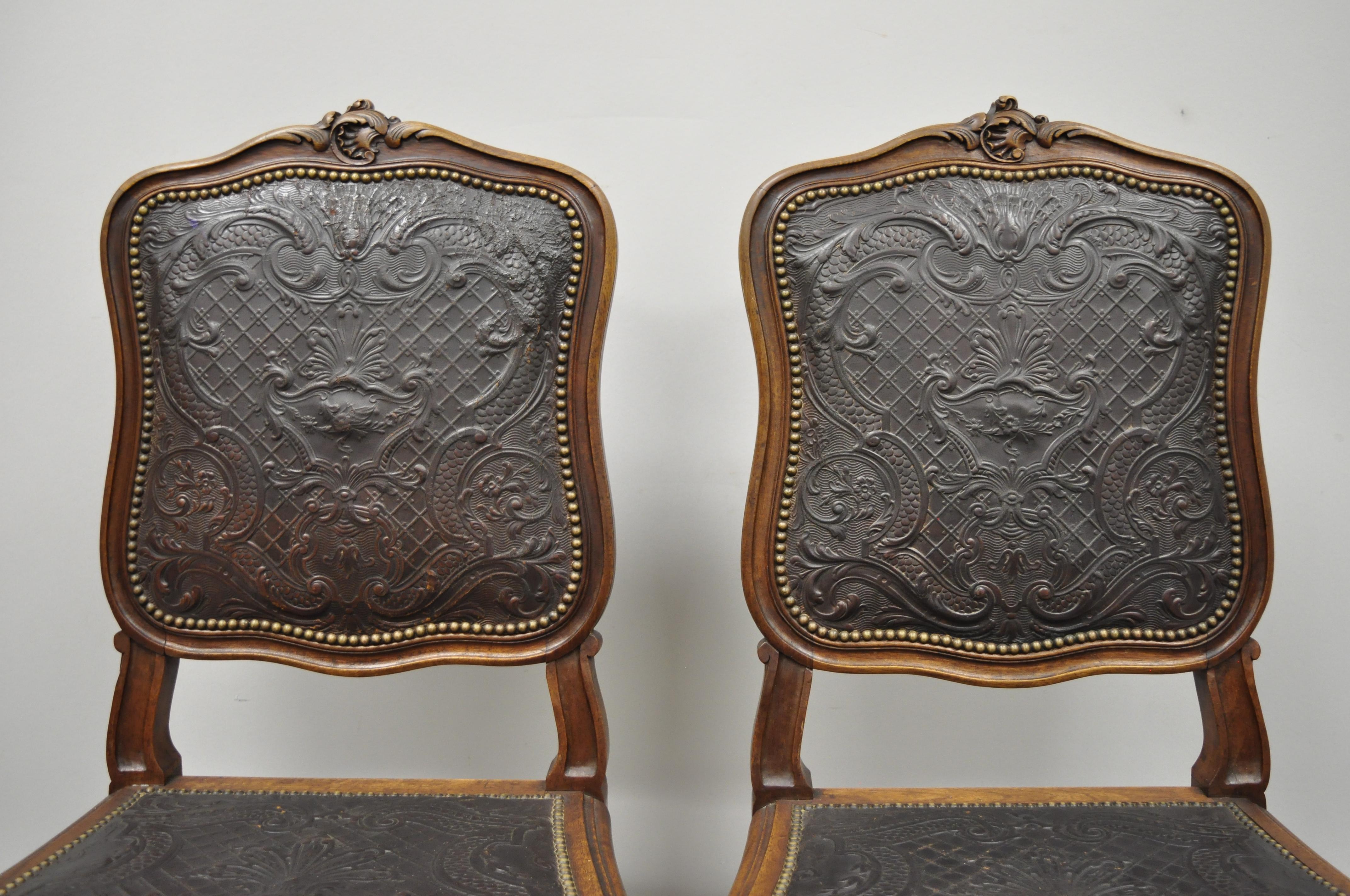 Pair of Antique French Louis XV Fancy Brown Embossed Leather Walnut Side Chair In Good Condition In Philadelphia, PA