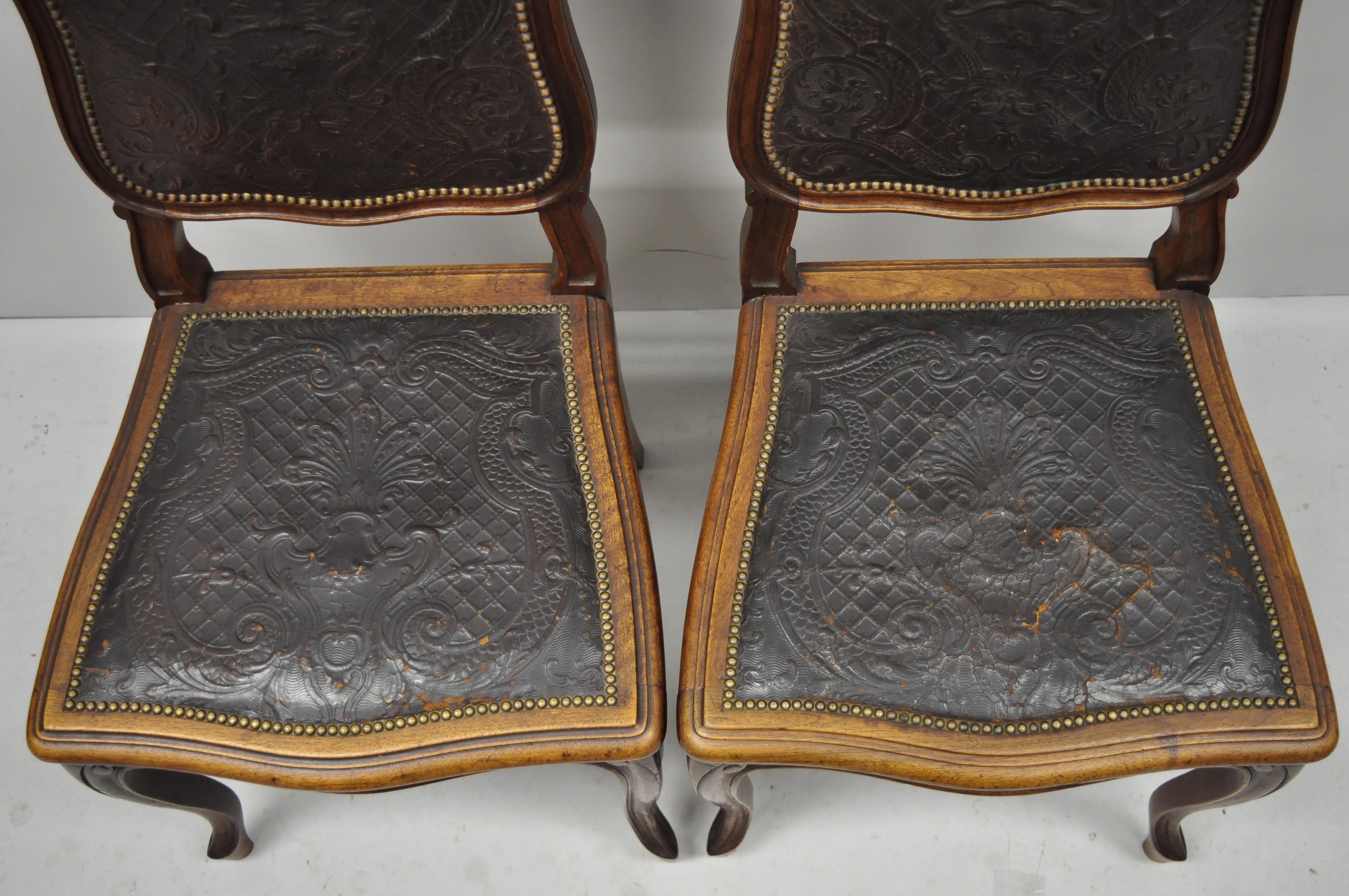 20th Century Pair of Antique French Louis XV Fancy Brown Embossed Leather Walnut Side Chair