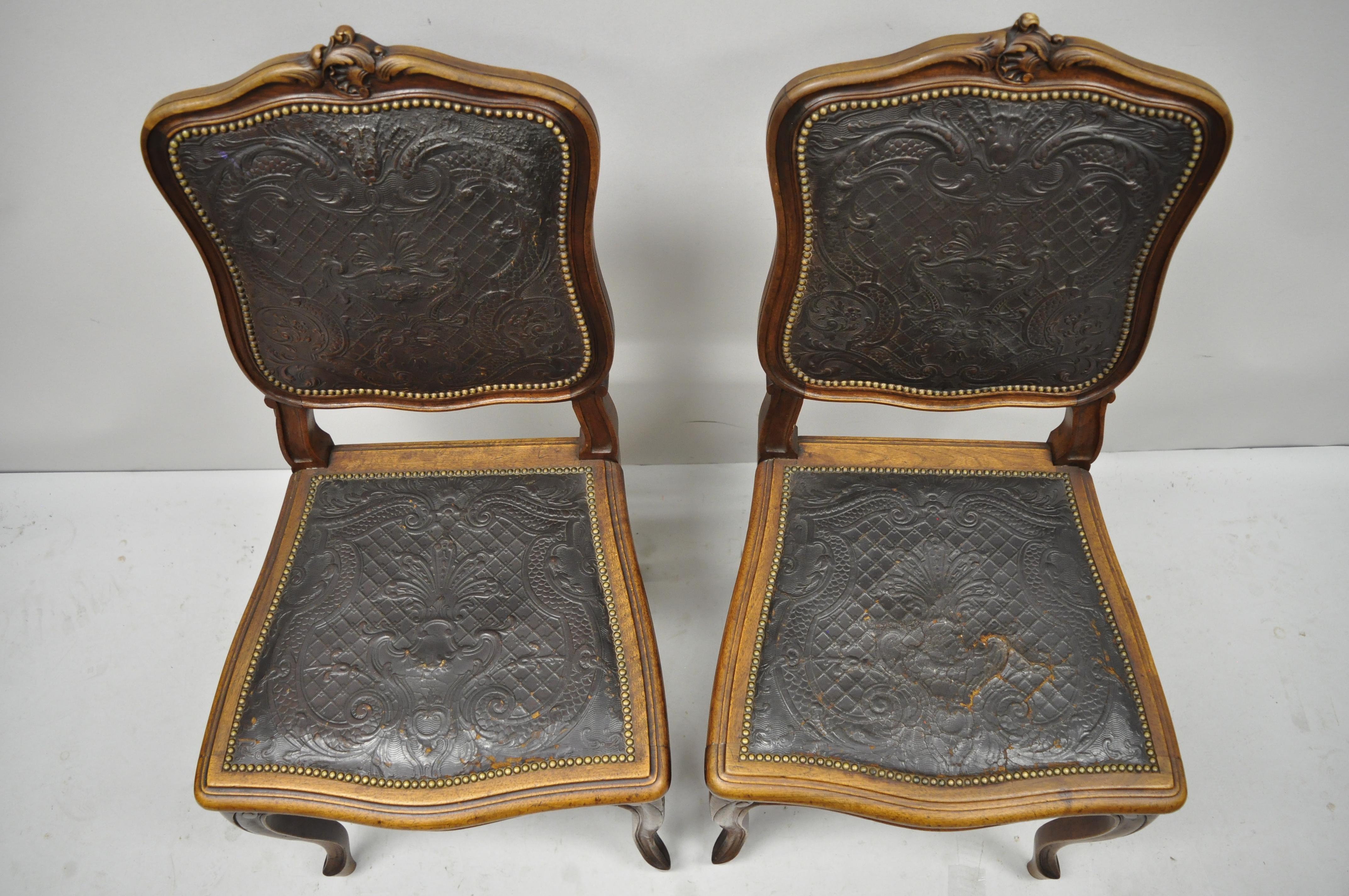 Pair of Antique French Louis XV Fancy Brown Embossed Leather Walnut Side Chair 1