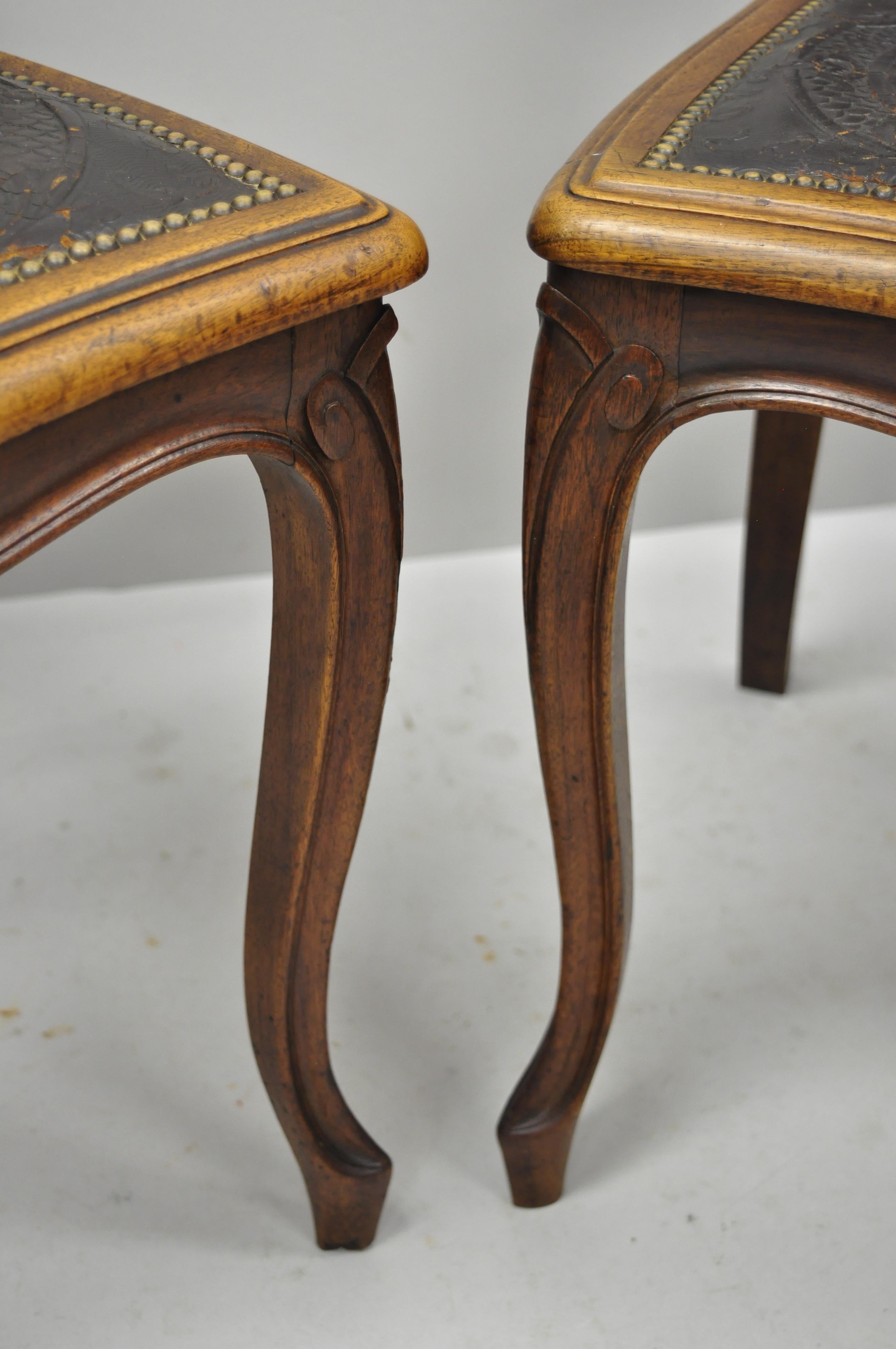 Pair of Antique French Louis XV Fancy Brown Embossed Leather Walnut Side Chair 2
