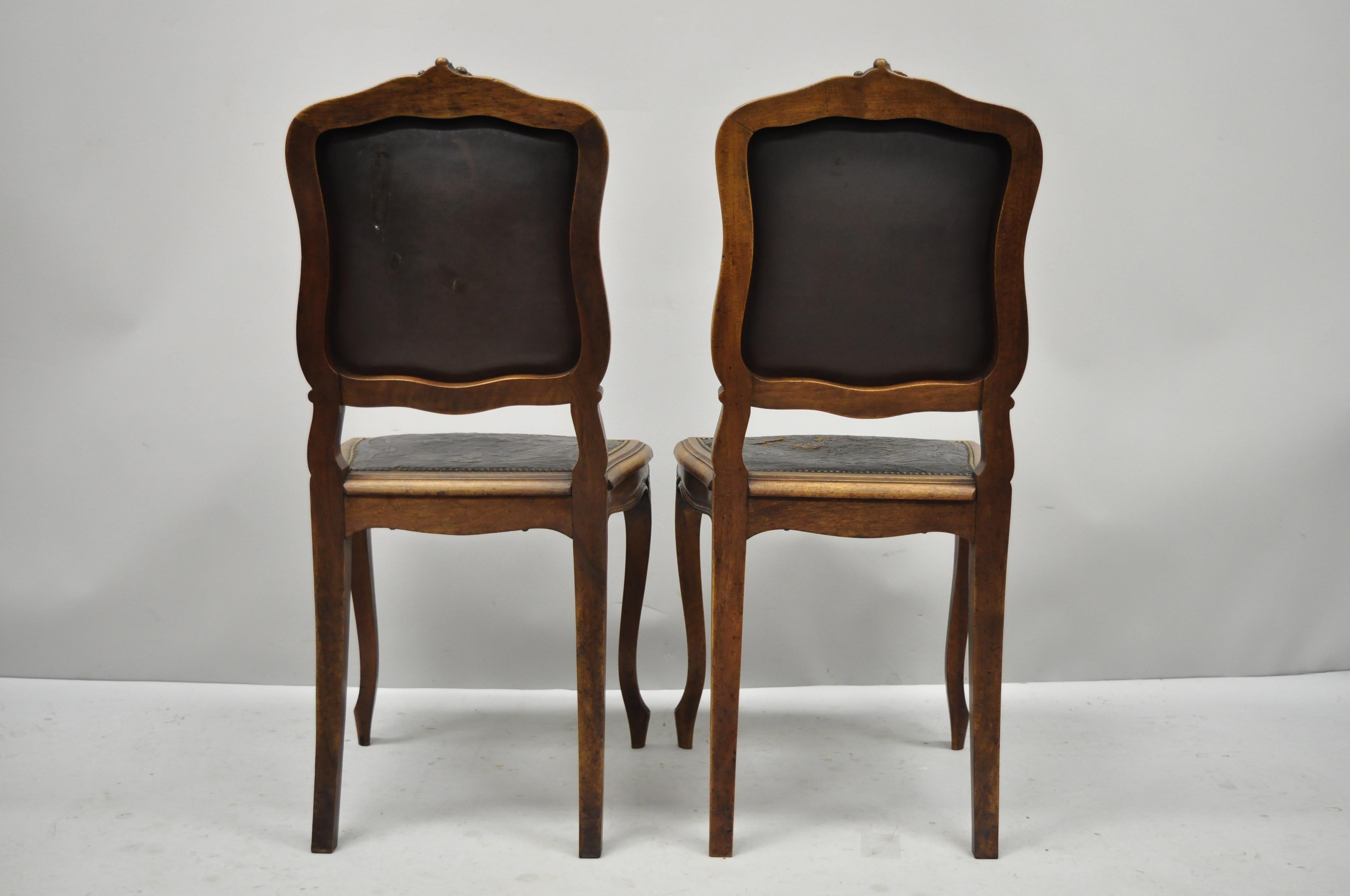 Pair of Antique French Louis XV Fancy Brown Embossed Leather Walnut Side Chair 5
