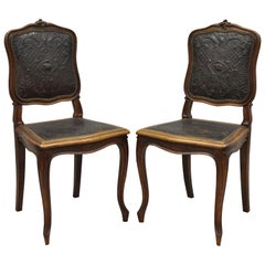 Pair of Antique French Louis XV Fancy Brown Embossed Leather Walnut Side Chair