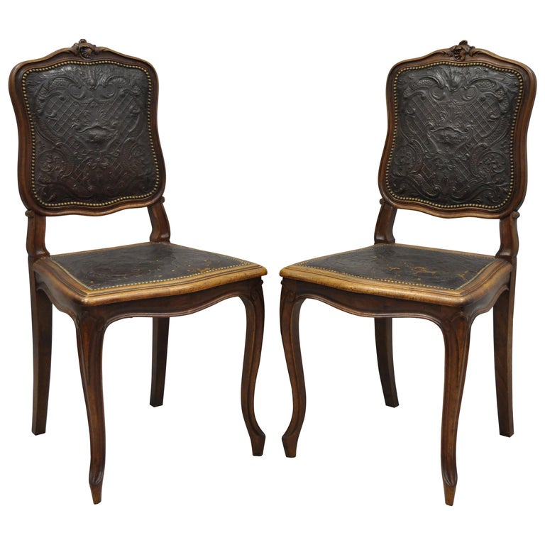 Pair Of Antique French Louis Xv Fancy Brown Embossed Leather
