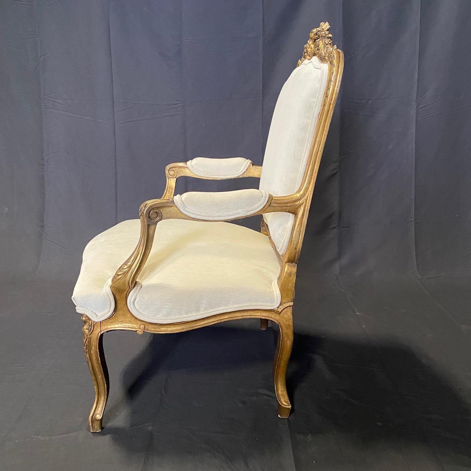  Pair of Antique French Louis XV Fauteuil Gilded Arm Chairs  For Sale 4