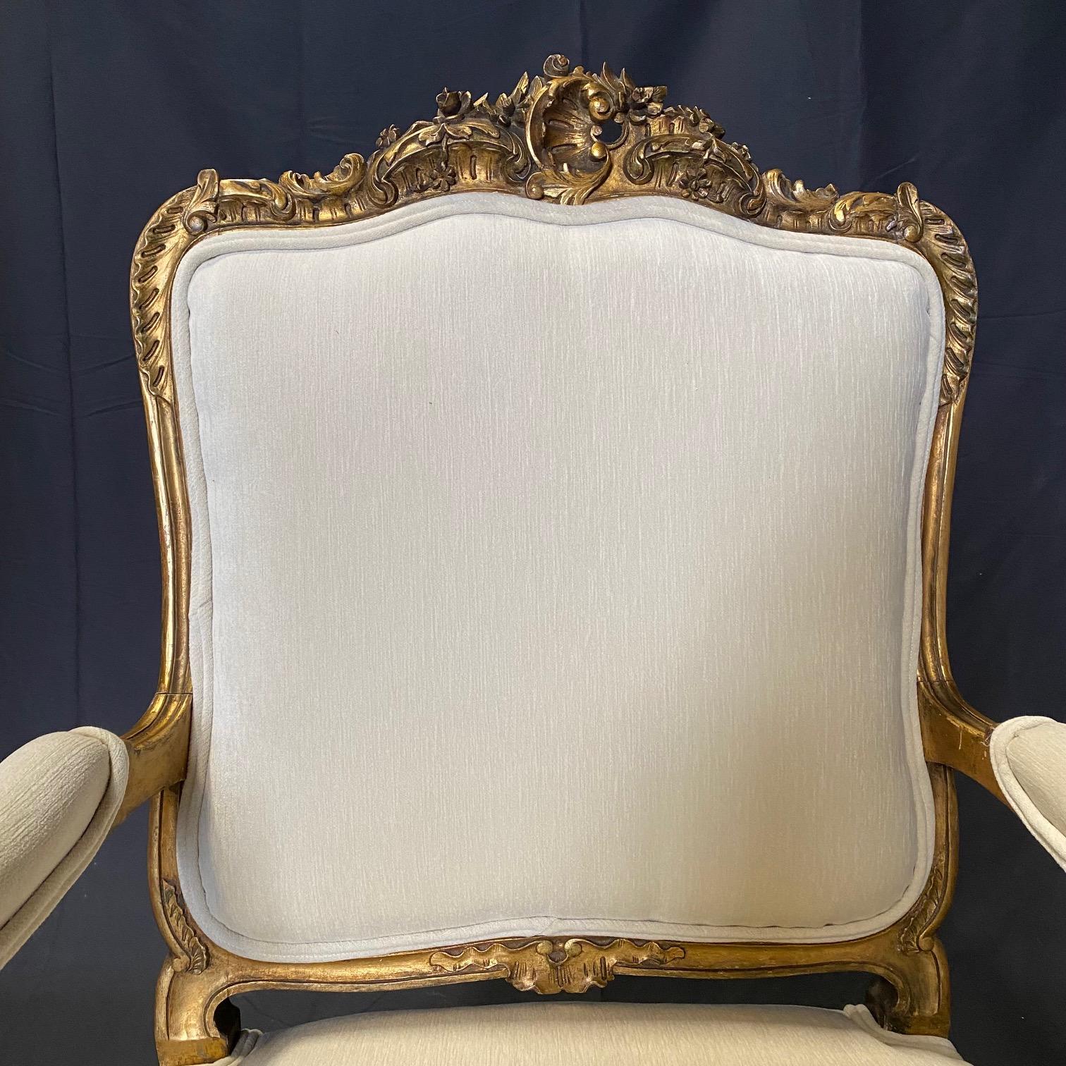  Pair of Antique French Louis XV Fauteuil Gilded Arm Chairs  6