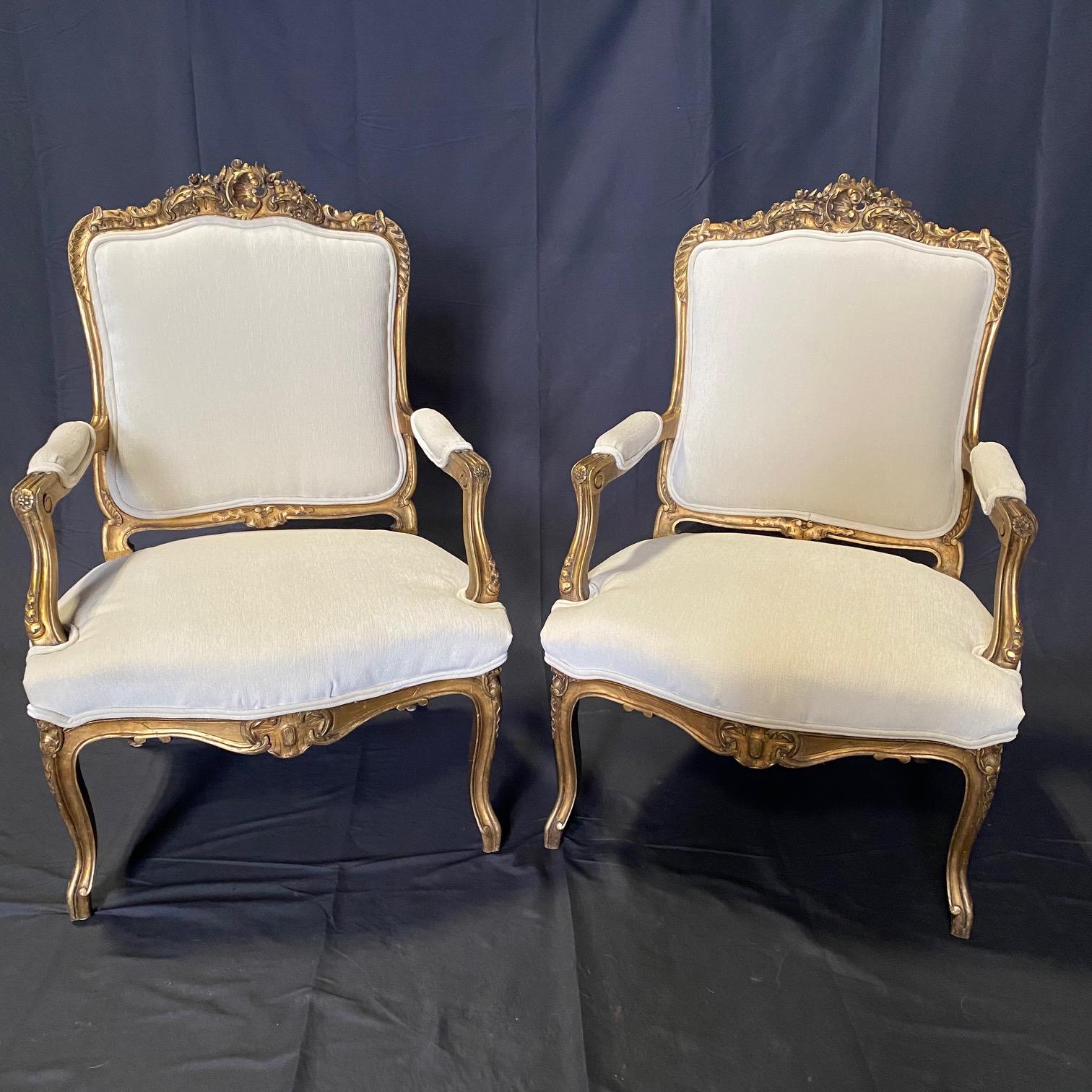  Pair of Antique French Louis XV Fauteuil Gilded Arm Chairs  7