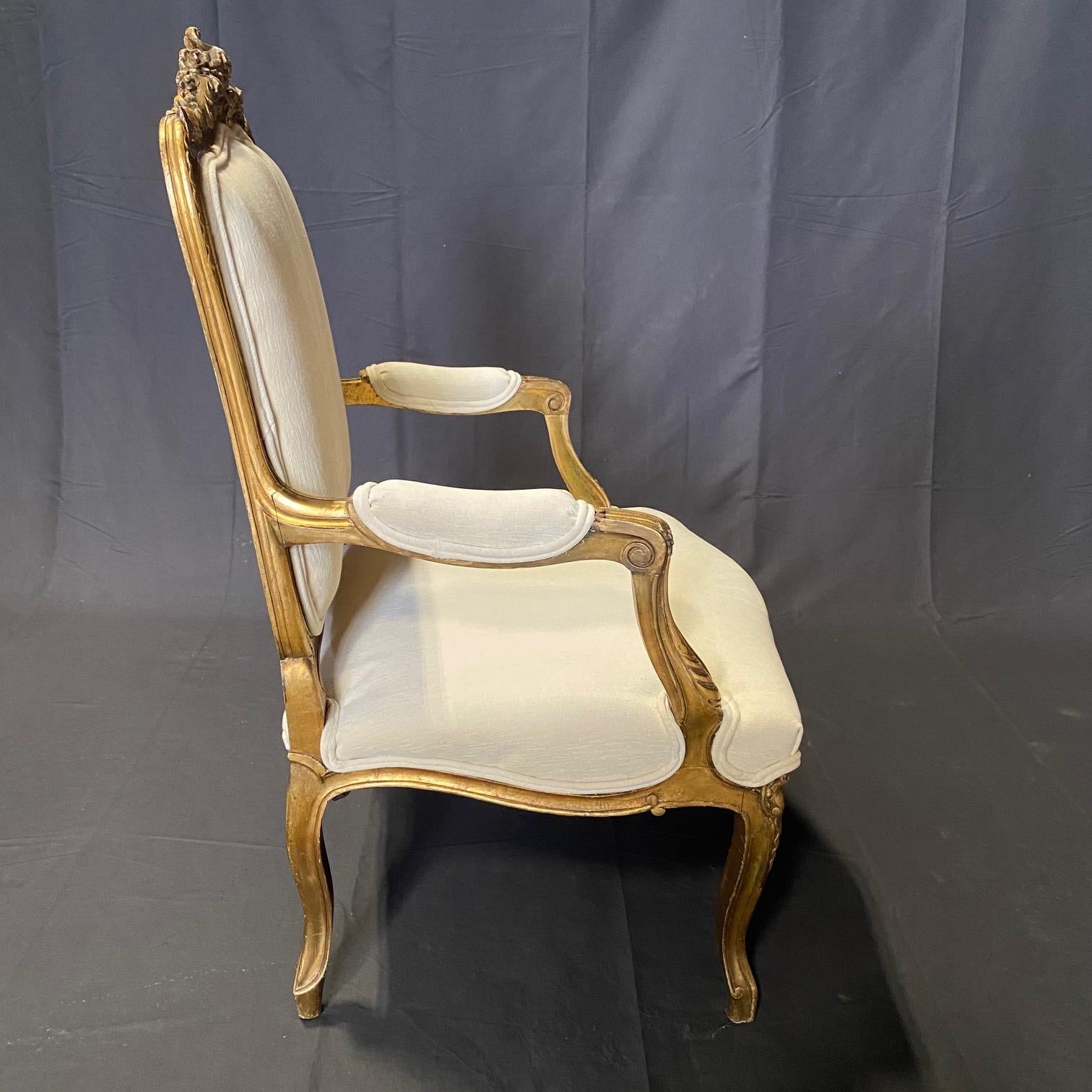 Gilt  Pair of Antique French Louis XV Fauteuil Gilded Arm Chairs  For Sale
