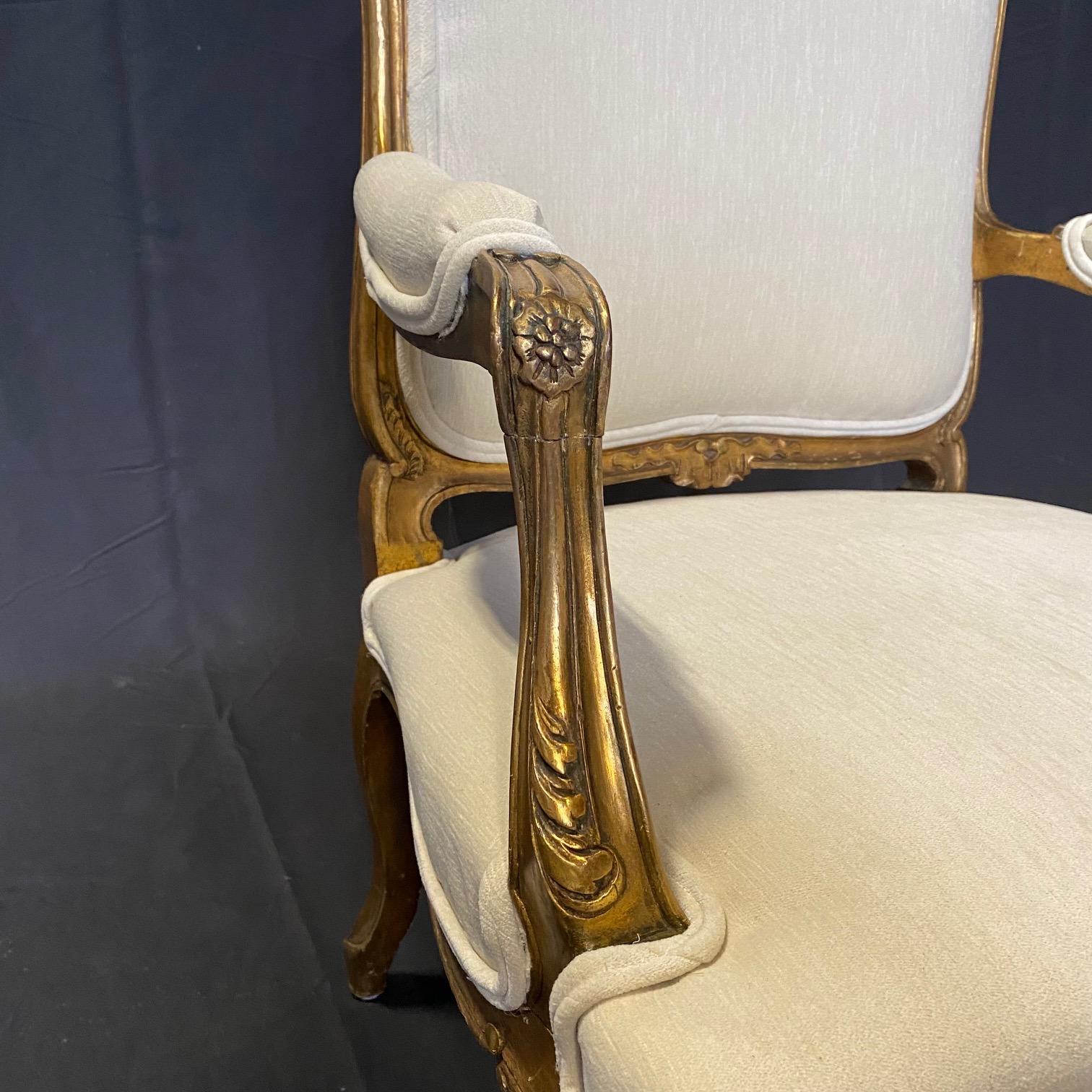  Pair of Antique French Louis XV Fauteuil Gilded Arm Chairs  In Good Condition In Hopewell, NJ
