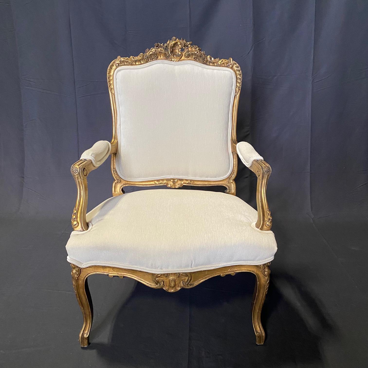 19th Century  Pair of Antique French Louis XV Fauteuil Gilded Arm Chairs 