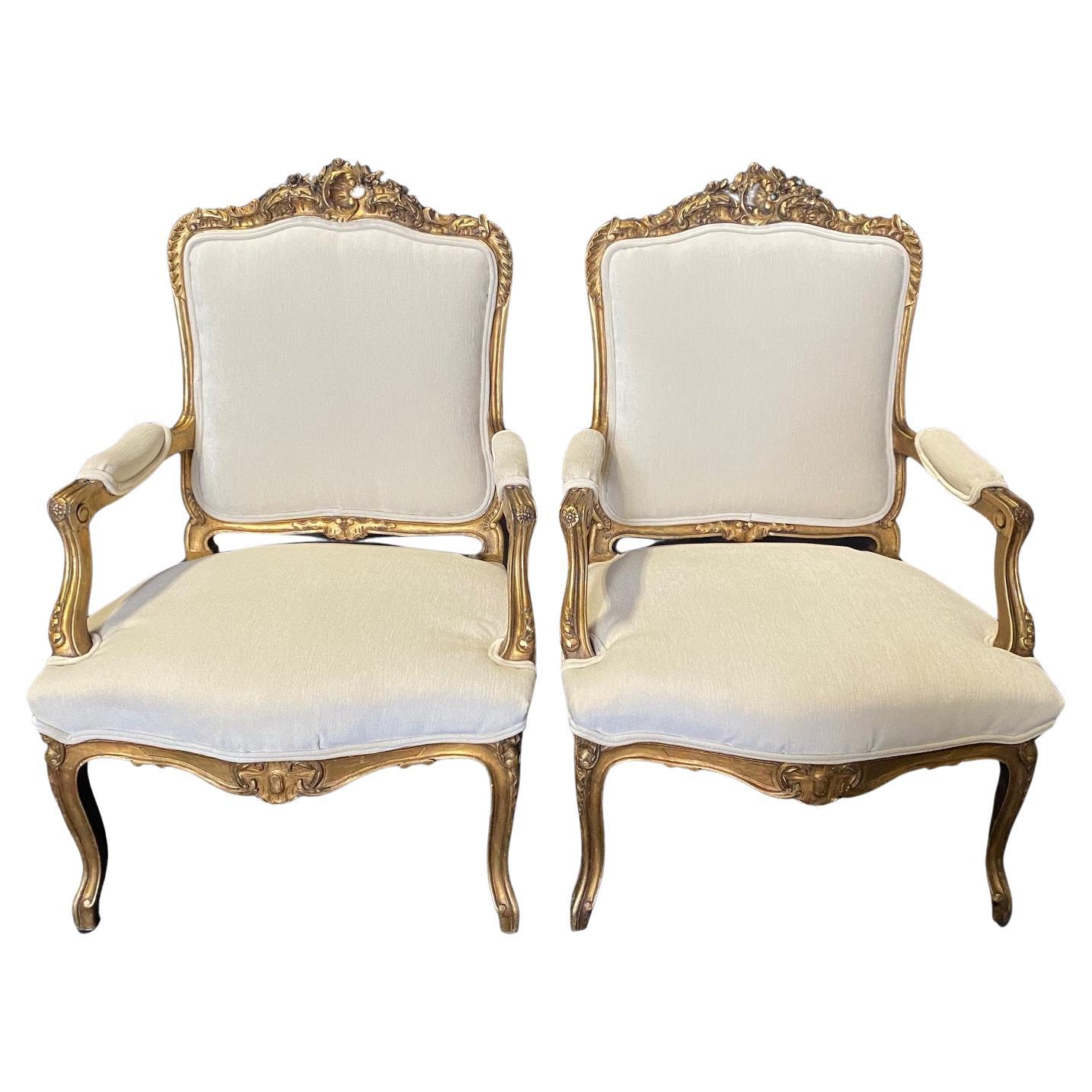  Pair of Antique French Louis XV Fauteuil Gilded Arm Chairs  For Sale