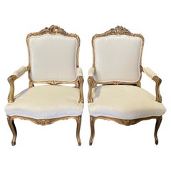 Pair of Antique French Louis XV Fauteuil Gilded Arm Chairs