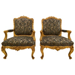 Pair of Antique French Louis XV Gold Leaf Armchairs