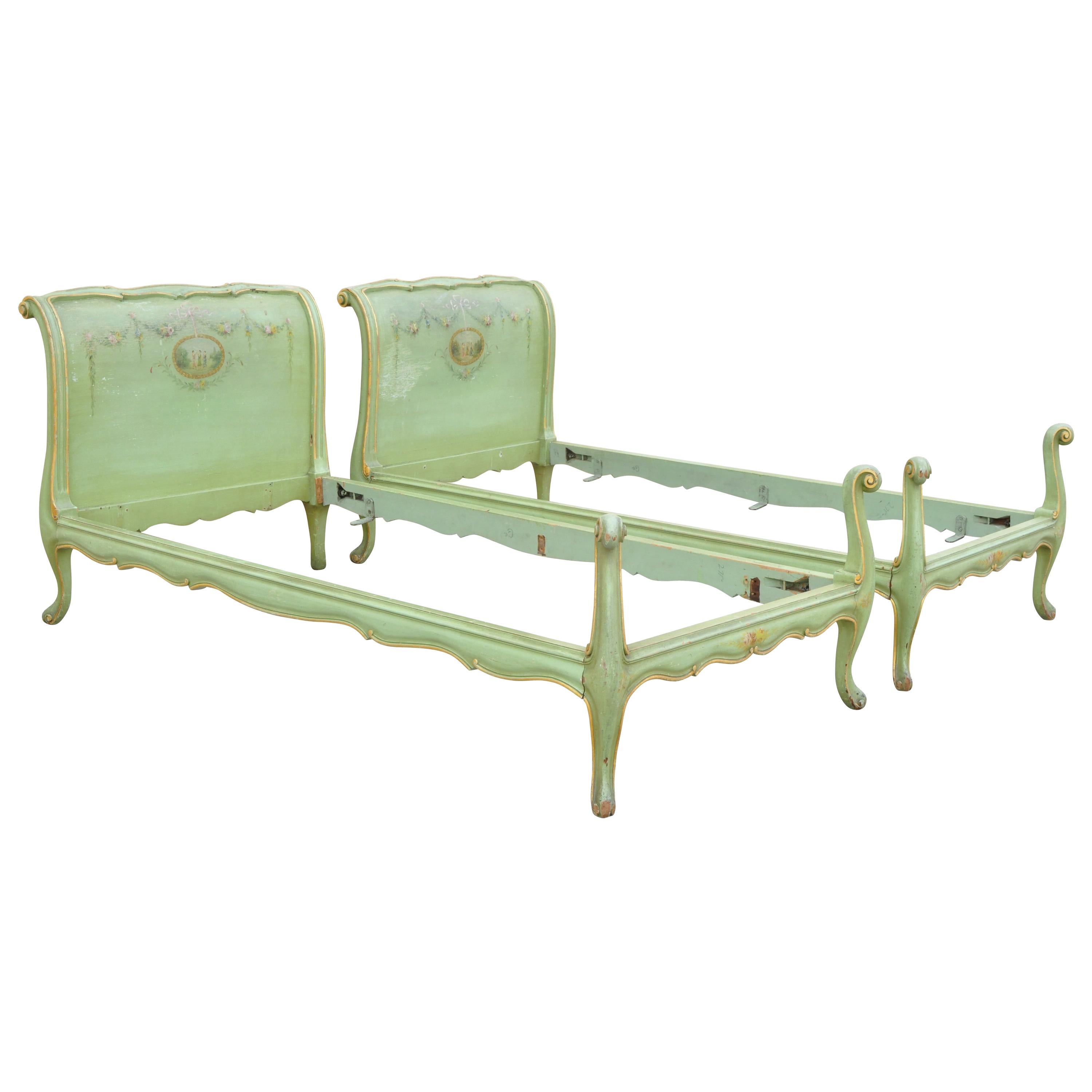 Pair of Antique French Louis XV Green Distress Painted European Twin Bed Frames