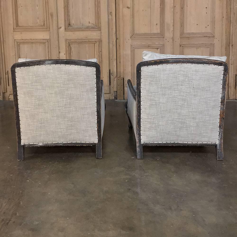 Pair of Antique French Louis XV Linen Upholstered Armchairs, Bergeres 5