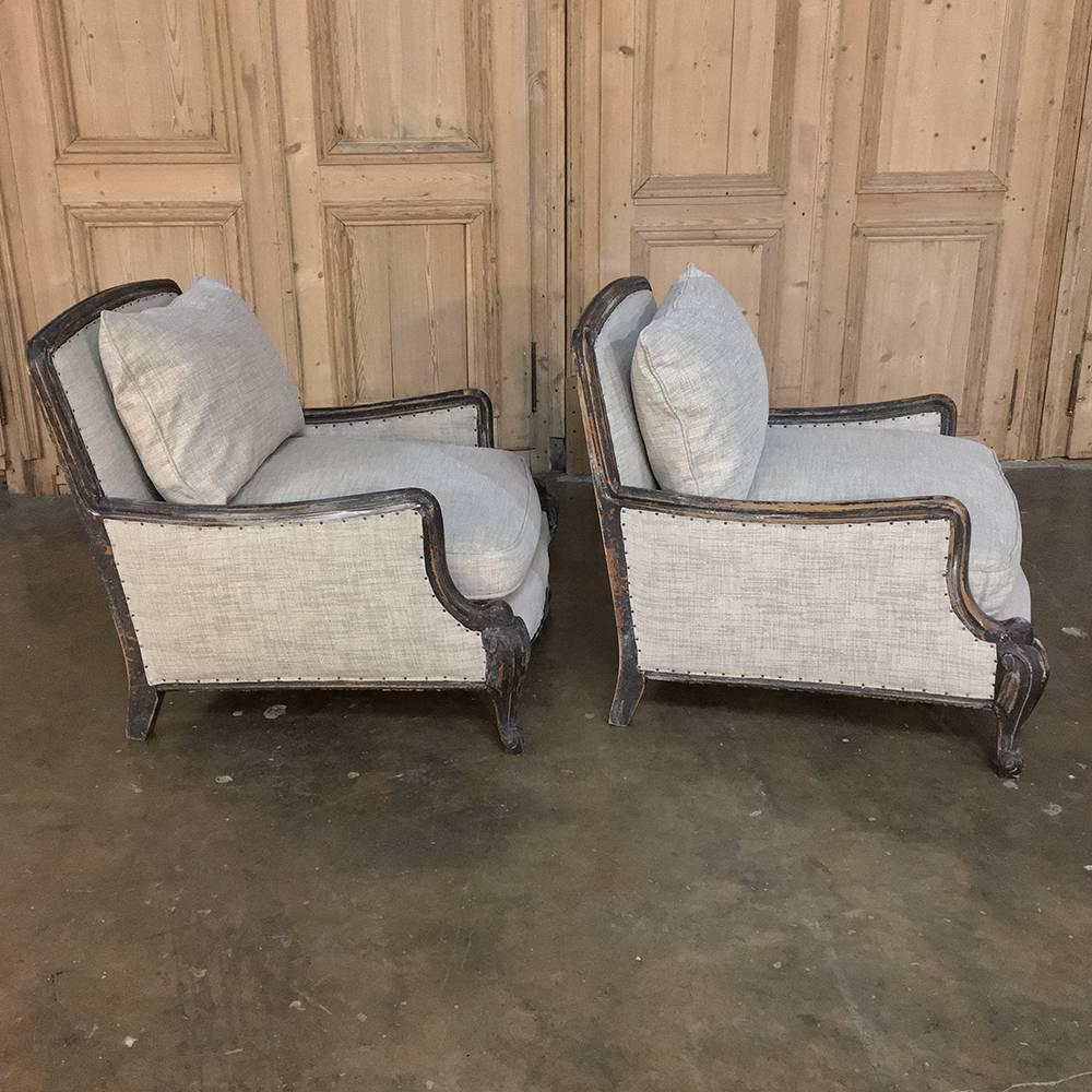 Carved Pair of Antique French Louis XV Linen Upholstered Armchairs, Bergeres