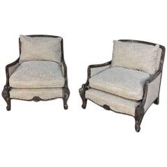 Pair of Antique French Louis XV Linen Upholstered Armchairs, Bergeres