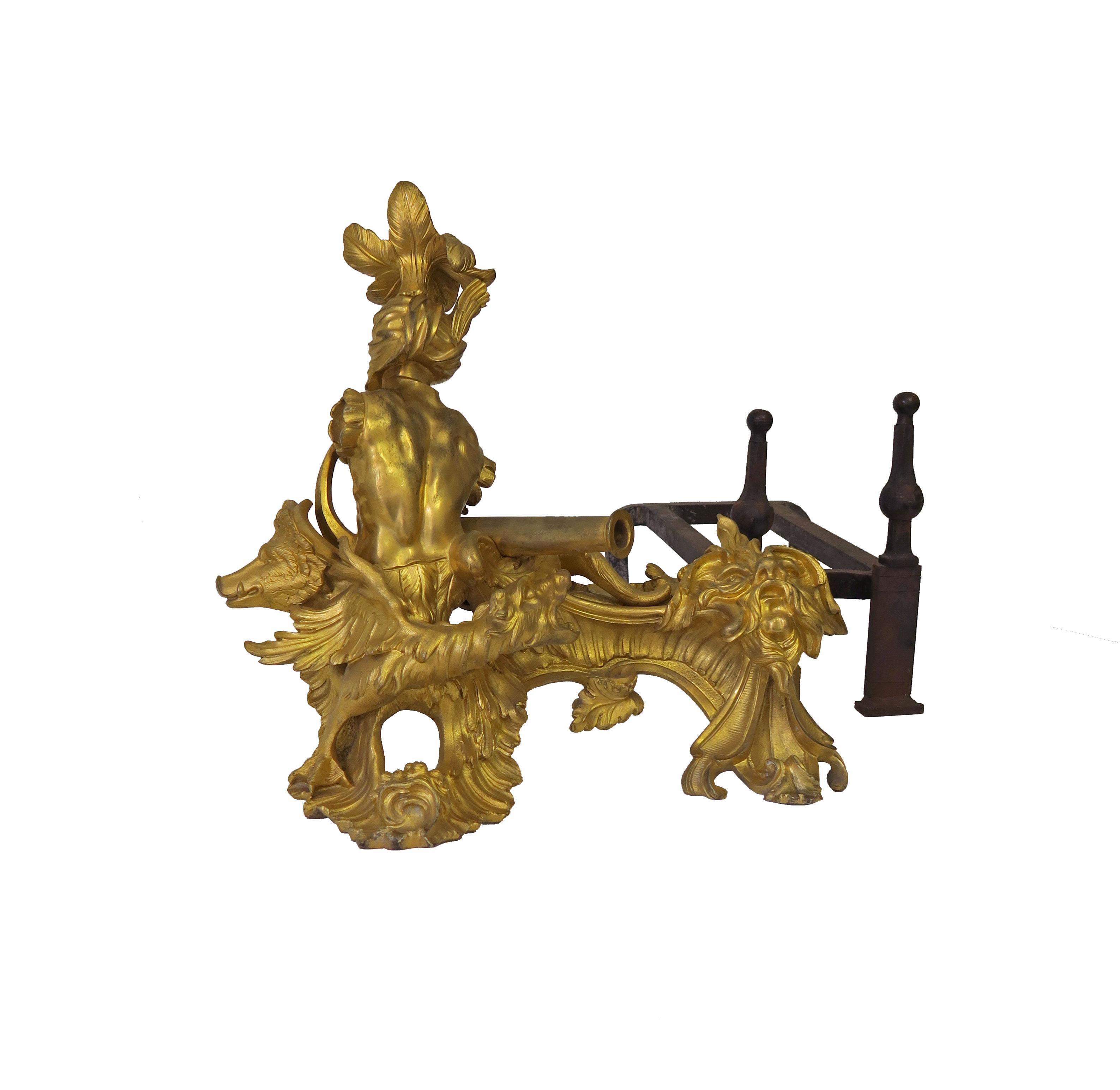 Pair of Antique French Louis XV Ormolu Chenets, France, Circa 1790 4