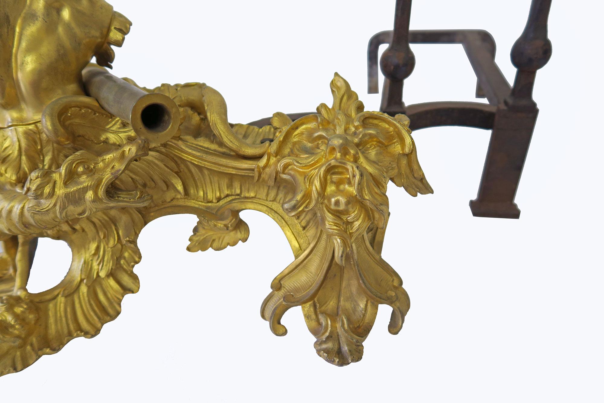 Pair of Antique French Louis XV Ormolu Chenets, France, Circa 1790 In Good Condition In Pasadena, CA