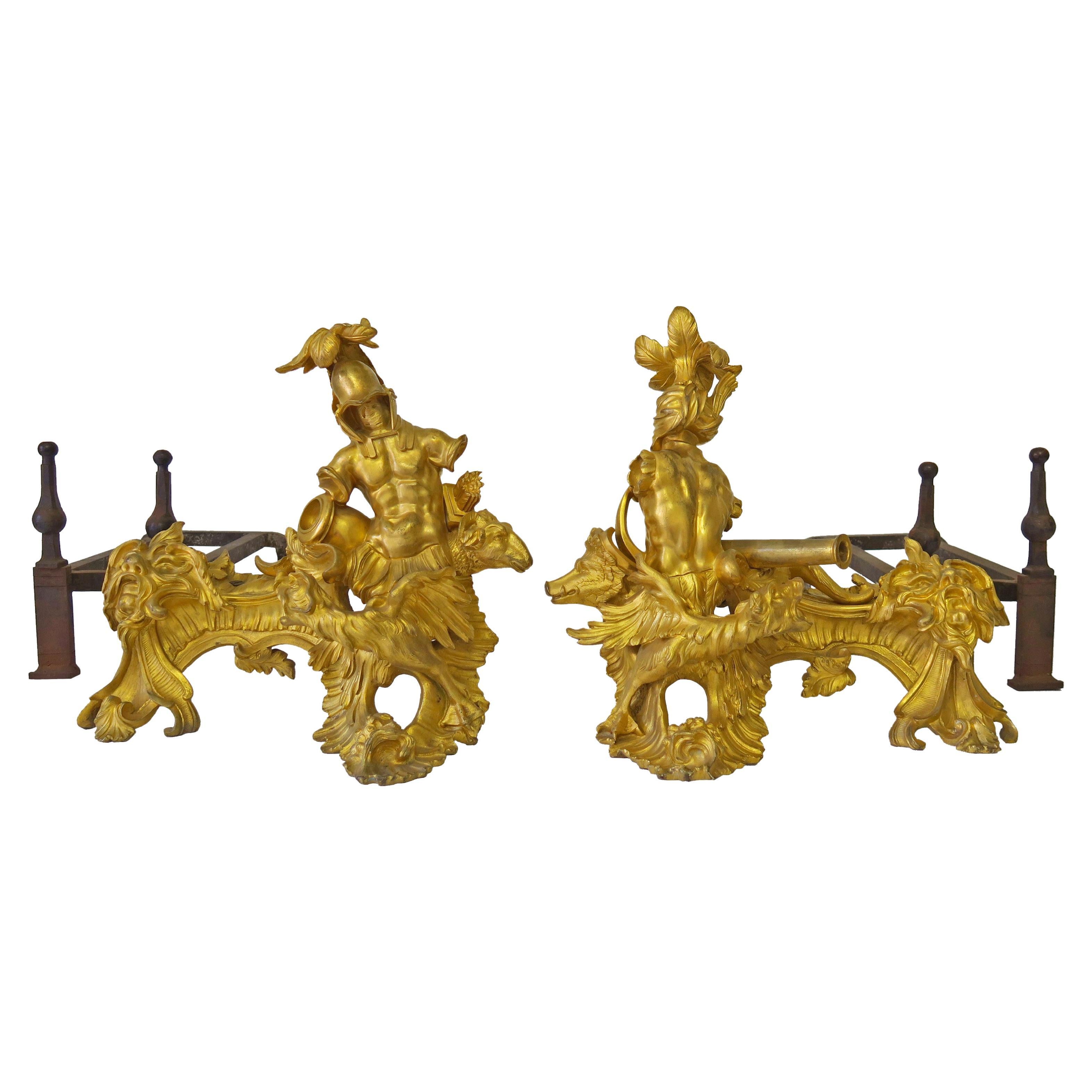 Pair of Antique French Louis XV Ormolu Chenets, France, Circa 1790