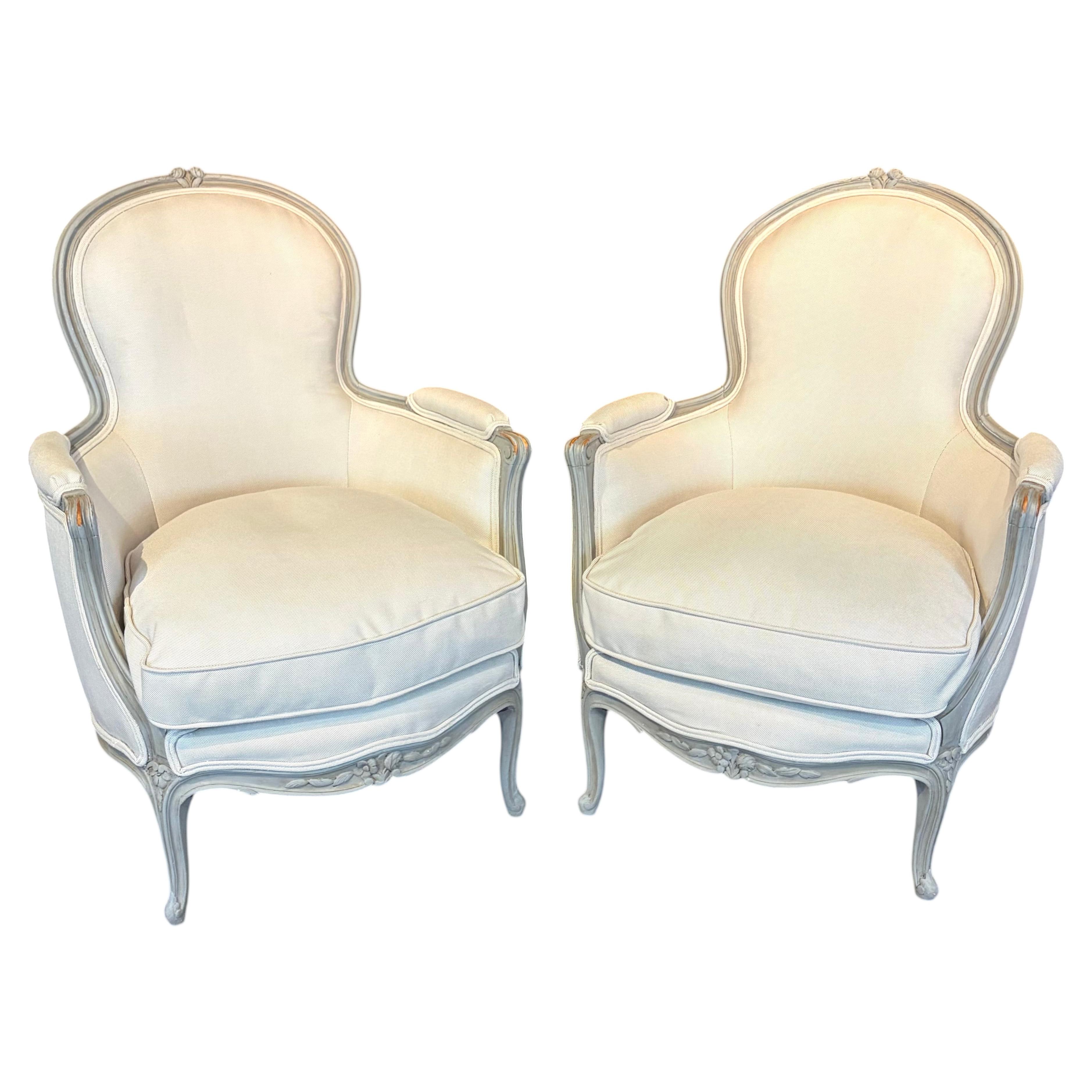 Pair of Antique French Louis XV Painted Bergère Armchairs with New Upholstery