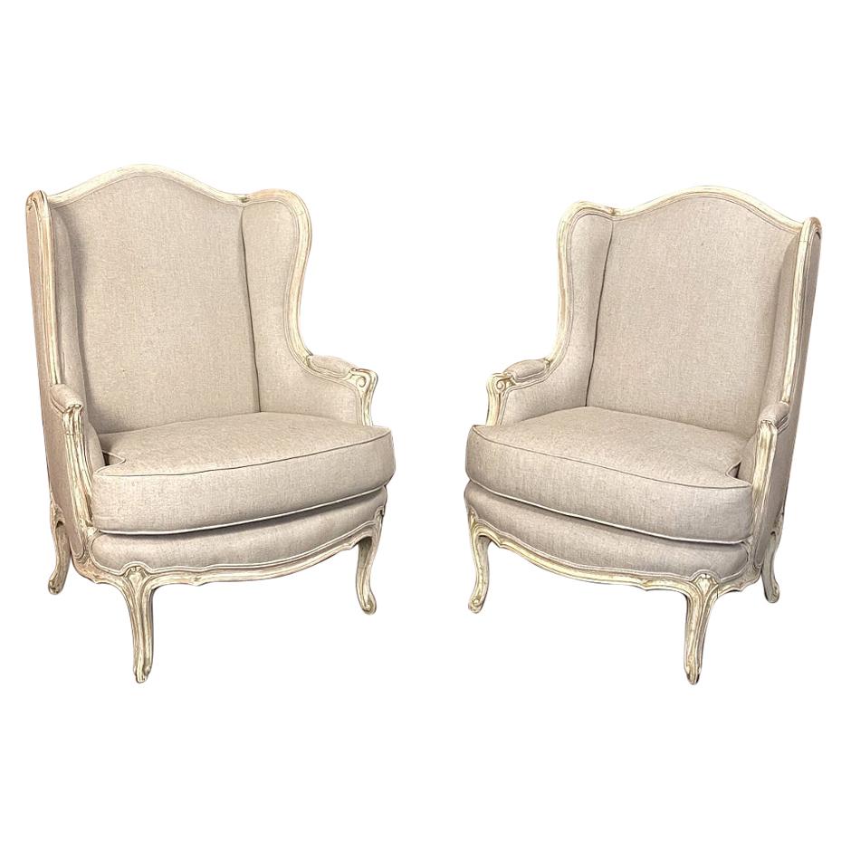 Pair of Antique French Louis XV Painted Bergère, Newly Upholstered