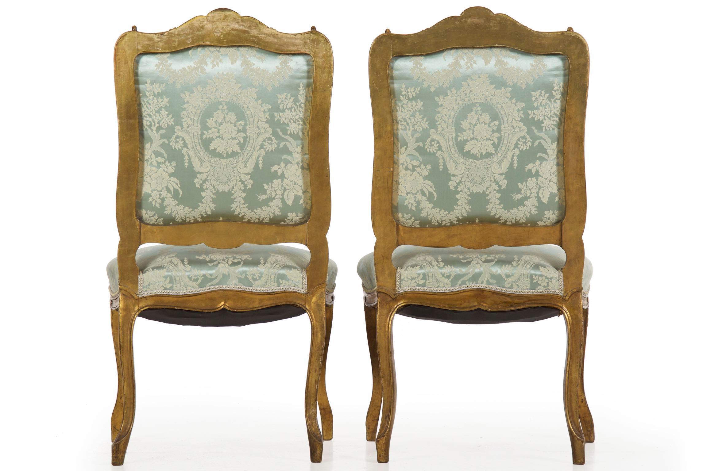 Pair of Antique French Louis XV Style Blue Silk Accent Side Chairs 5