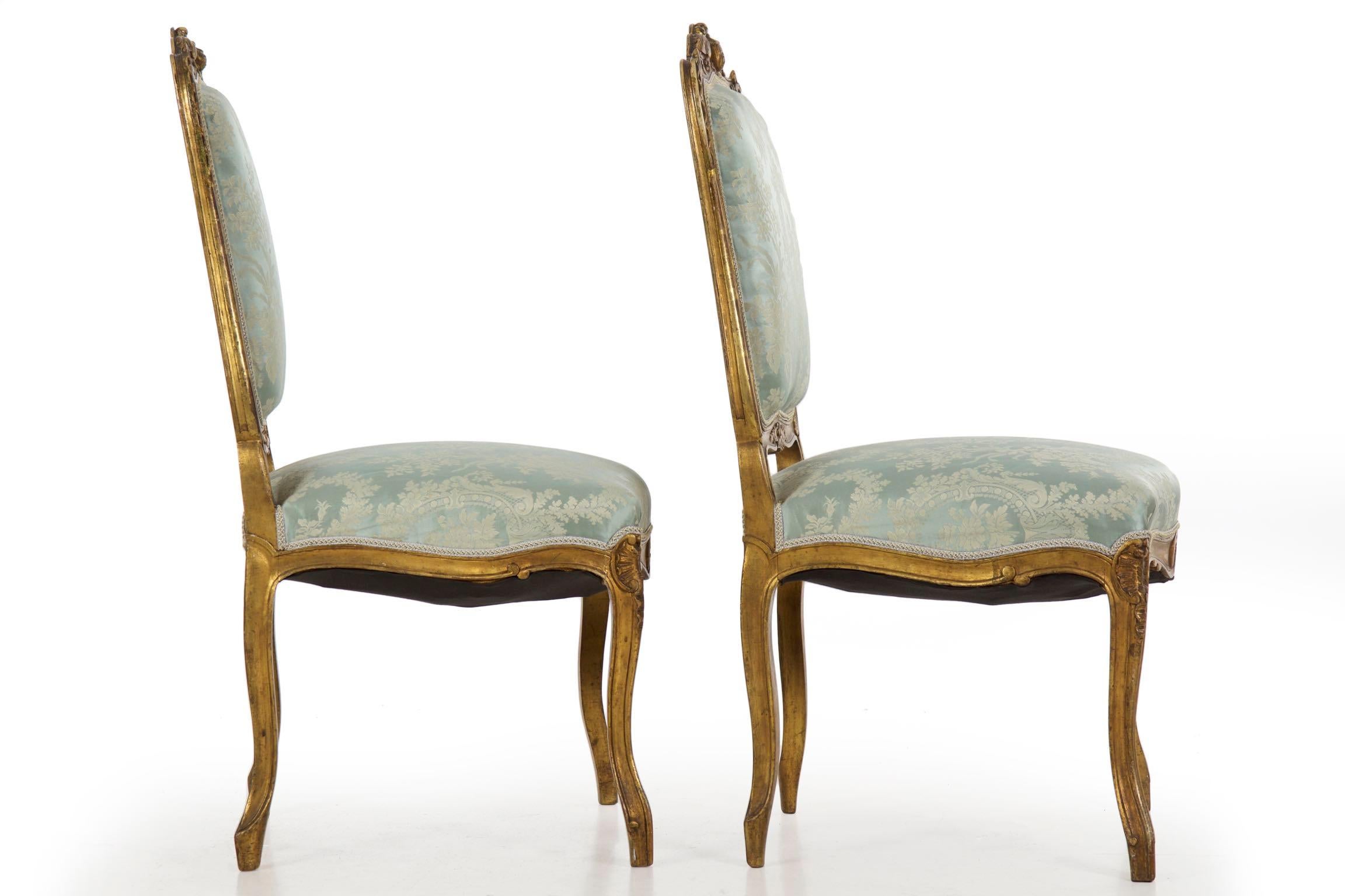 Pair of Antique French Louis XV Style Blue Silk Accent Side Chairs 10