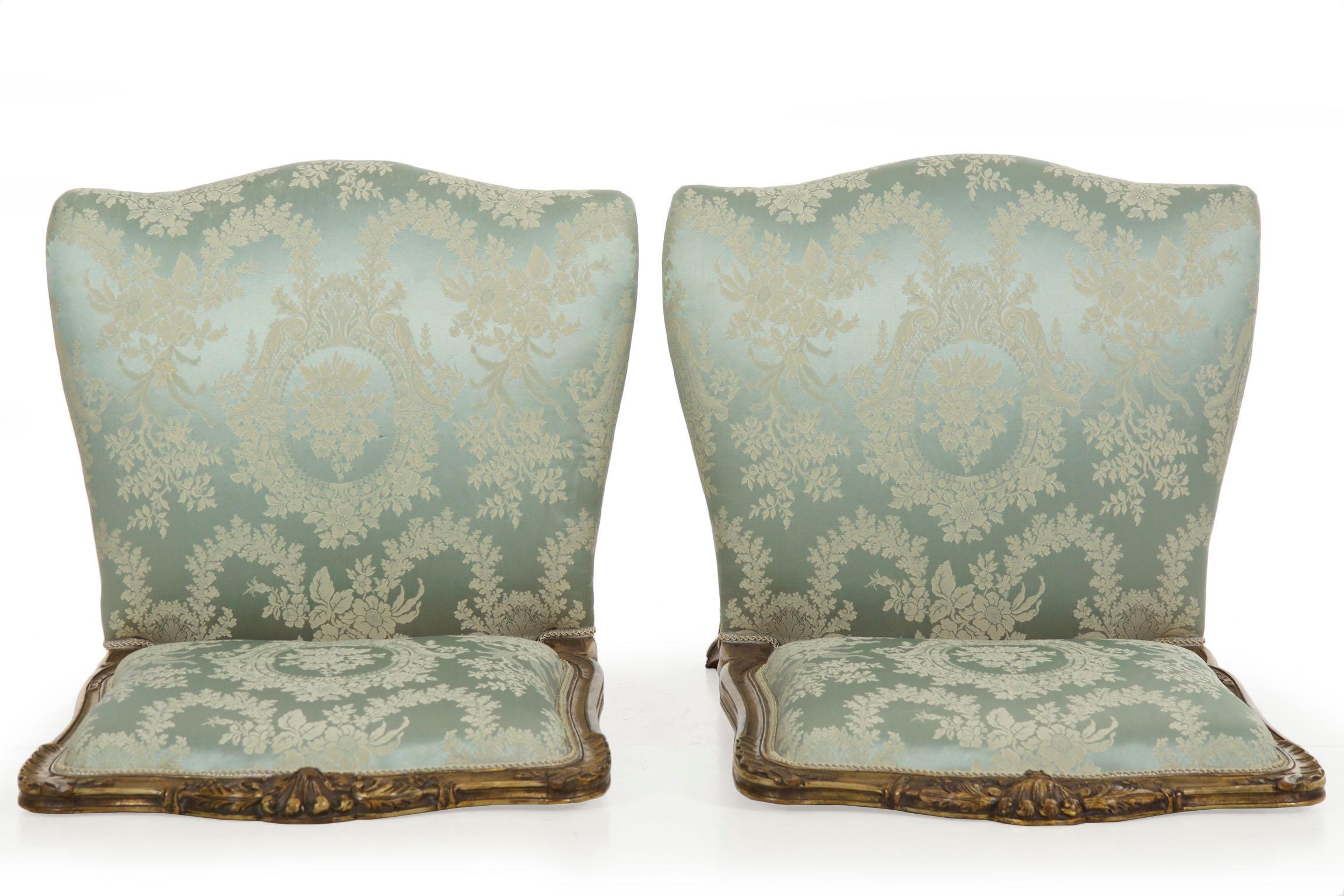 Pair of Antique French Louis XV Style Blue Silk Accent Side Chairs 12